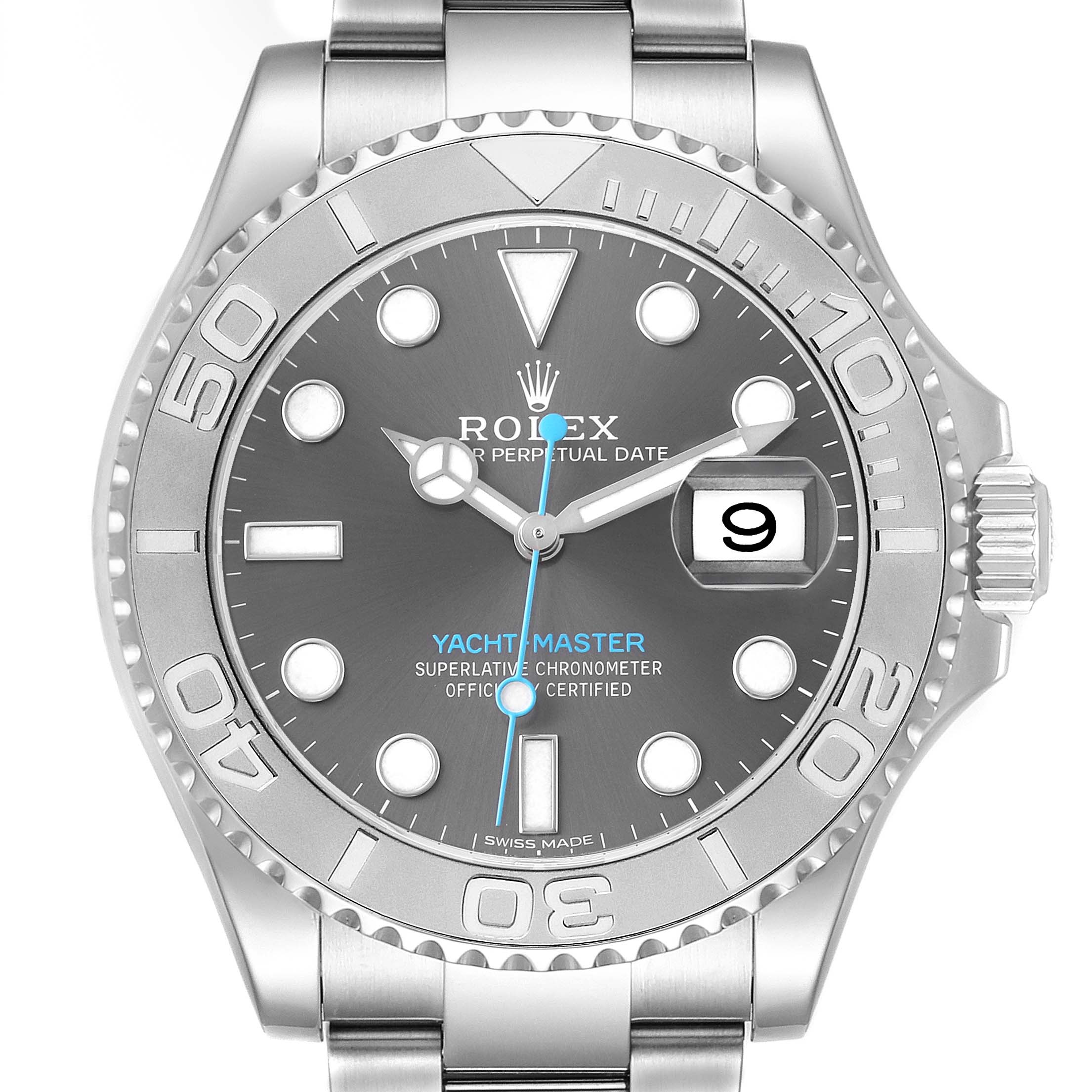 The Rolex Yacht-Master 116622 Men's Stainless Steel Grey Dial watch is shown from the front, displaying its gray dial, luminescent markers, bezel, and date window.