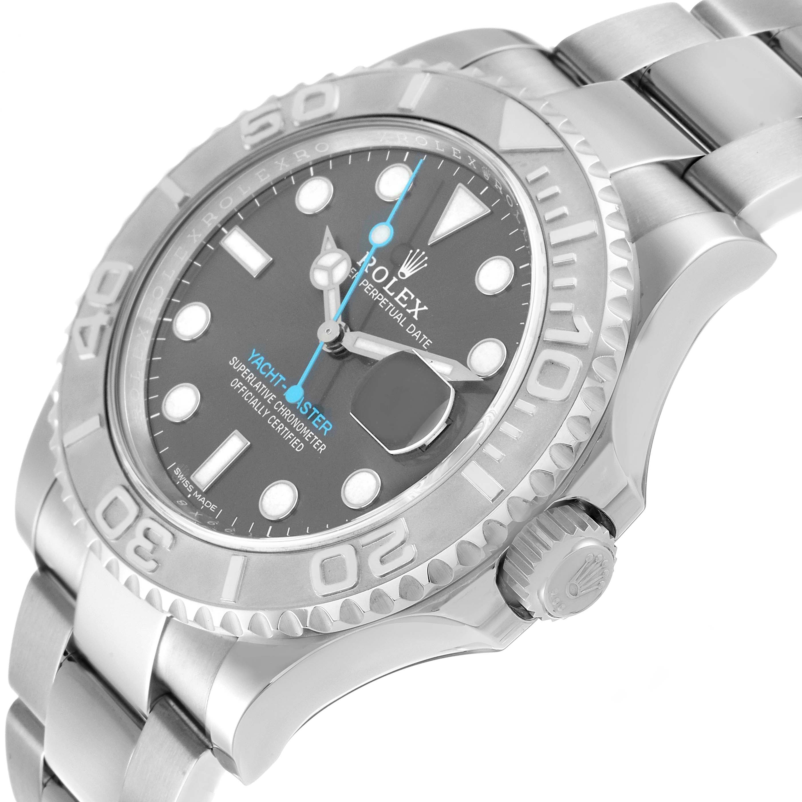 The Rolex Yacht-Master 116622 Men's Stainless Steel Grey Dial watch is shown at an angle highlighting the face, bezel, crown, and part of the bracelet.