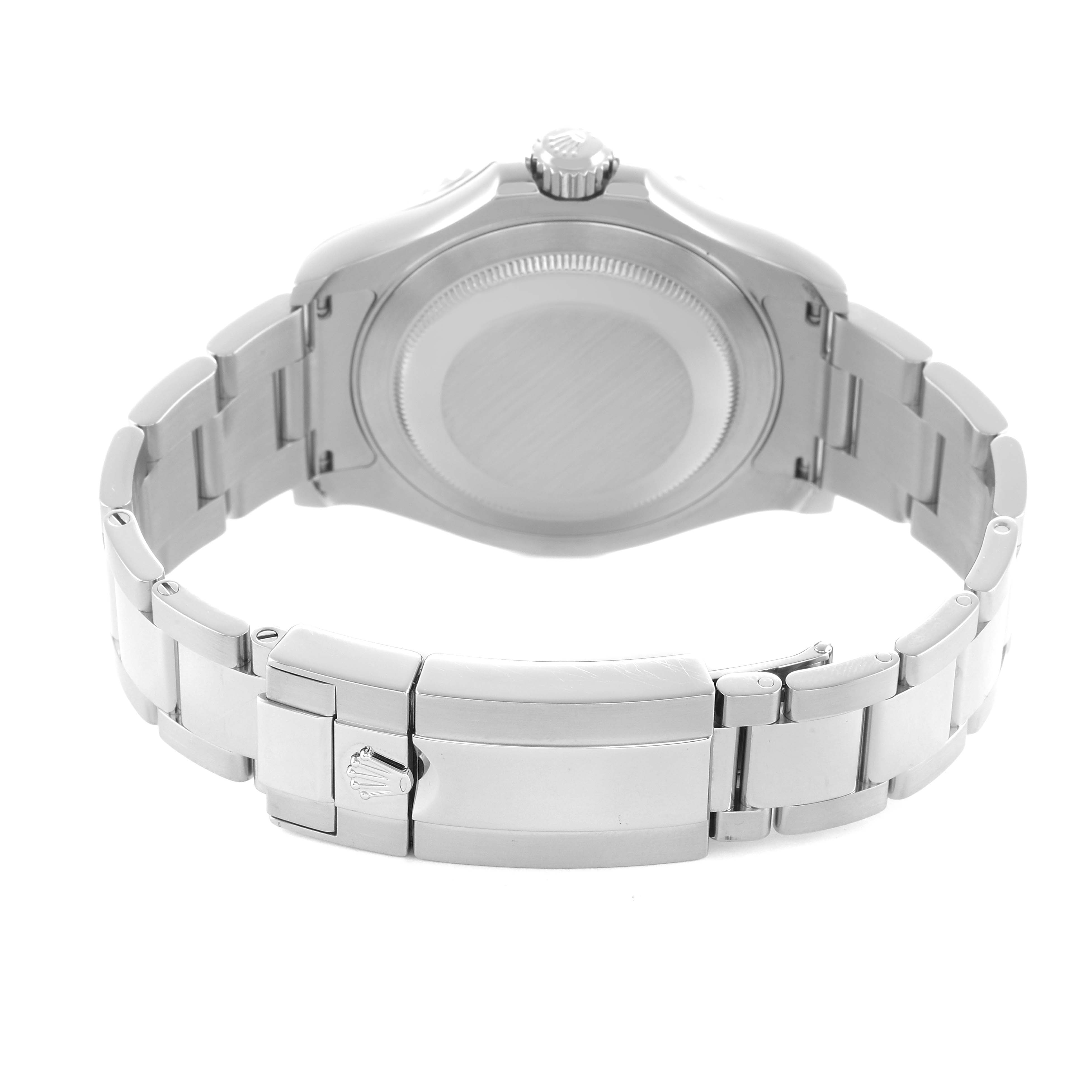 The image shows a Rolex Yacht-Master 116622 Men's Stainless Steel Grey Dial watch from the backside, highlighting the clasp and bracelet links.