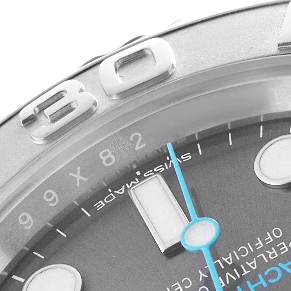 The image shows the Rolex Yacht-Master 116622 Men's Stainless Steel Grey Dial watch’s bezel and partial dial at an angled close-up, highlighting the "30" marker and a blue second hand.