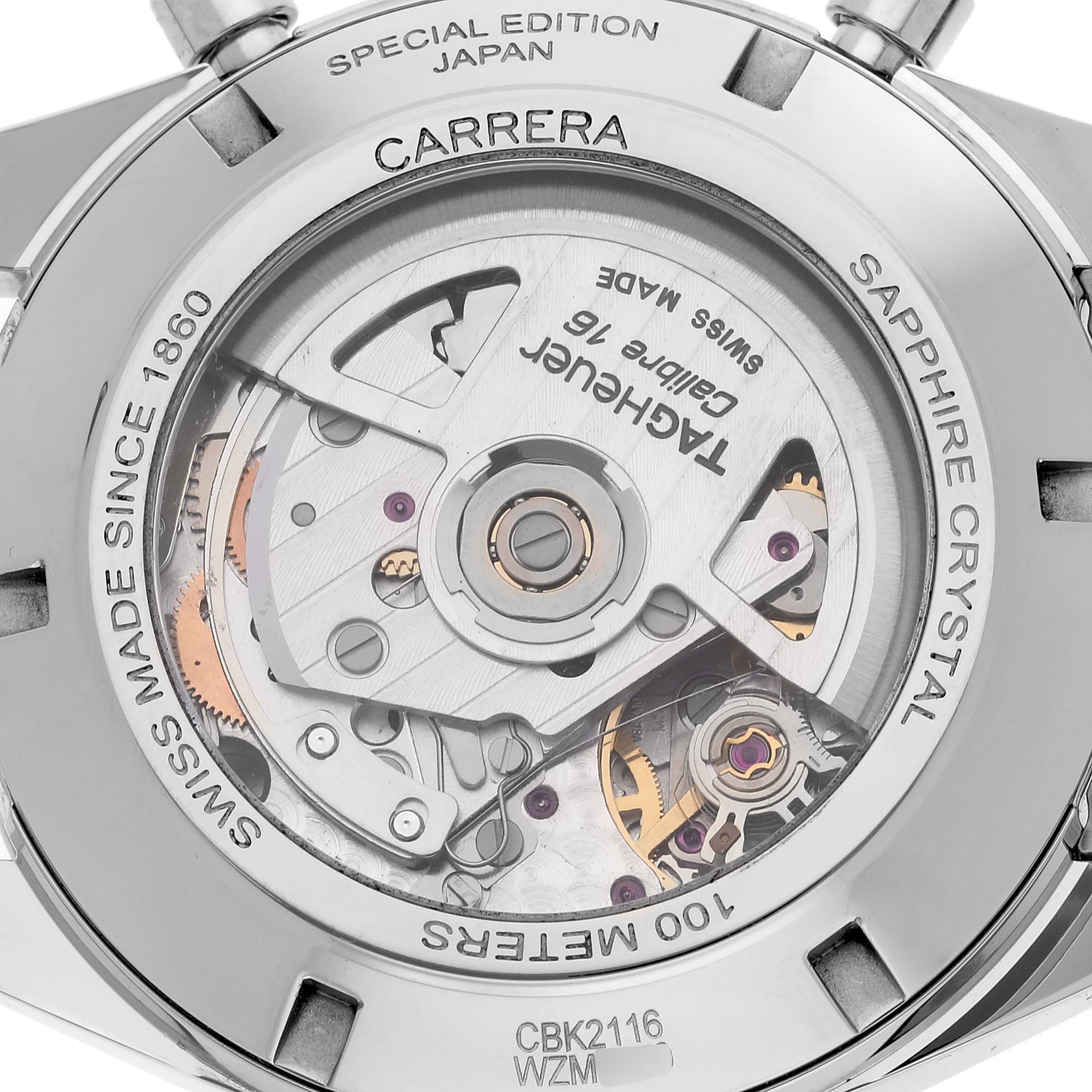 The image shows the back of the Tag Heuer Carrera Limited Edition watch, displaying its internal mechanism and engravings.