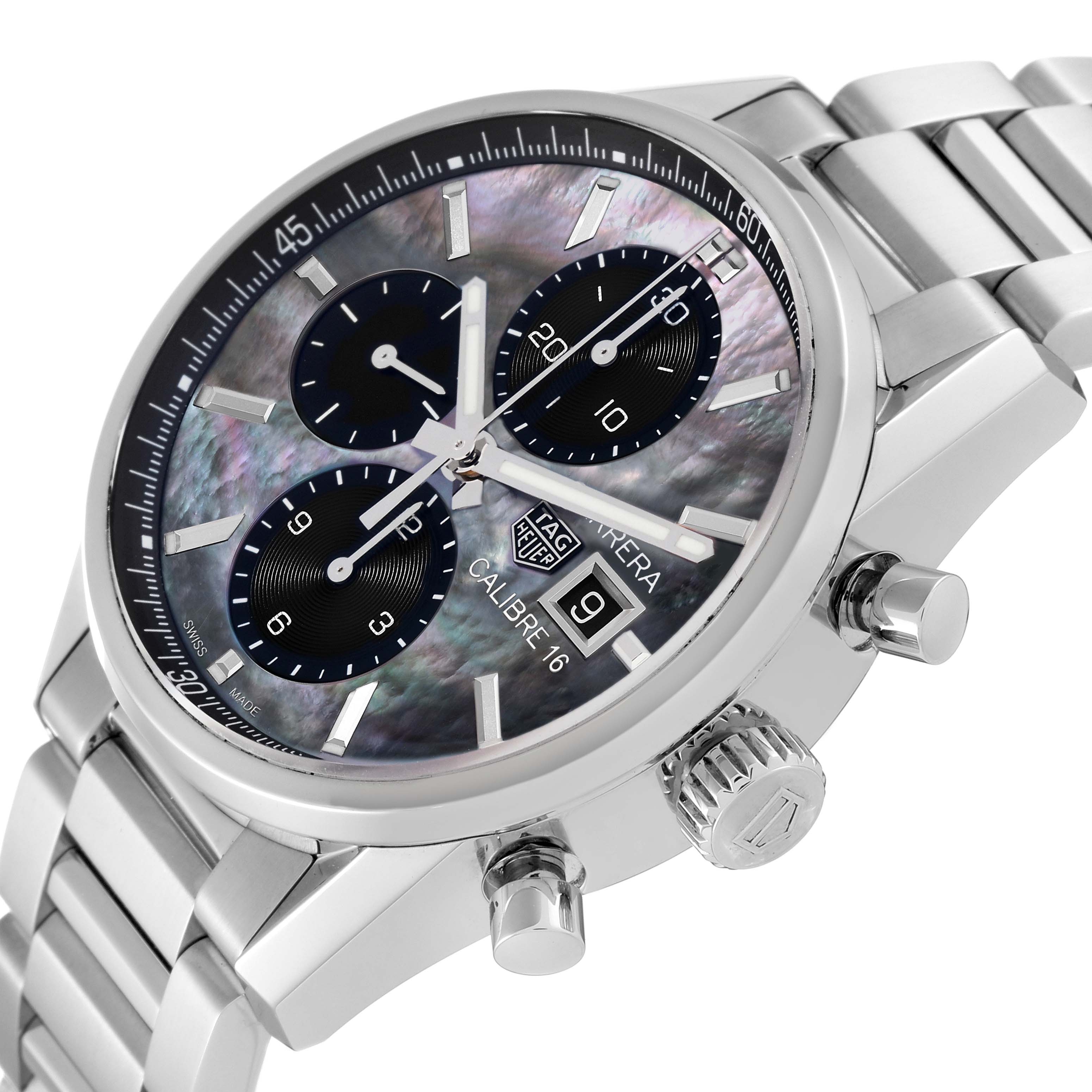 The image shows a side angle of the Tag Heuer Carrera Calibre 16 Limited Edition watch, highlighting its face, chronograph dials, and stainless steel bracelet.