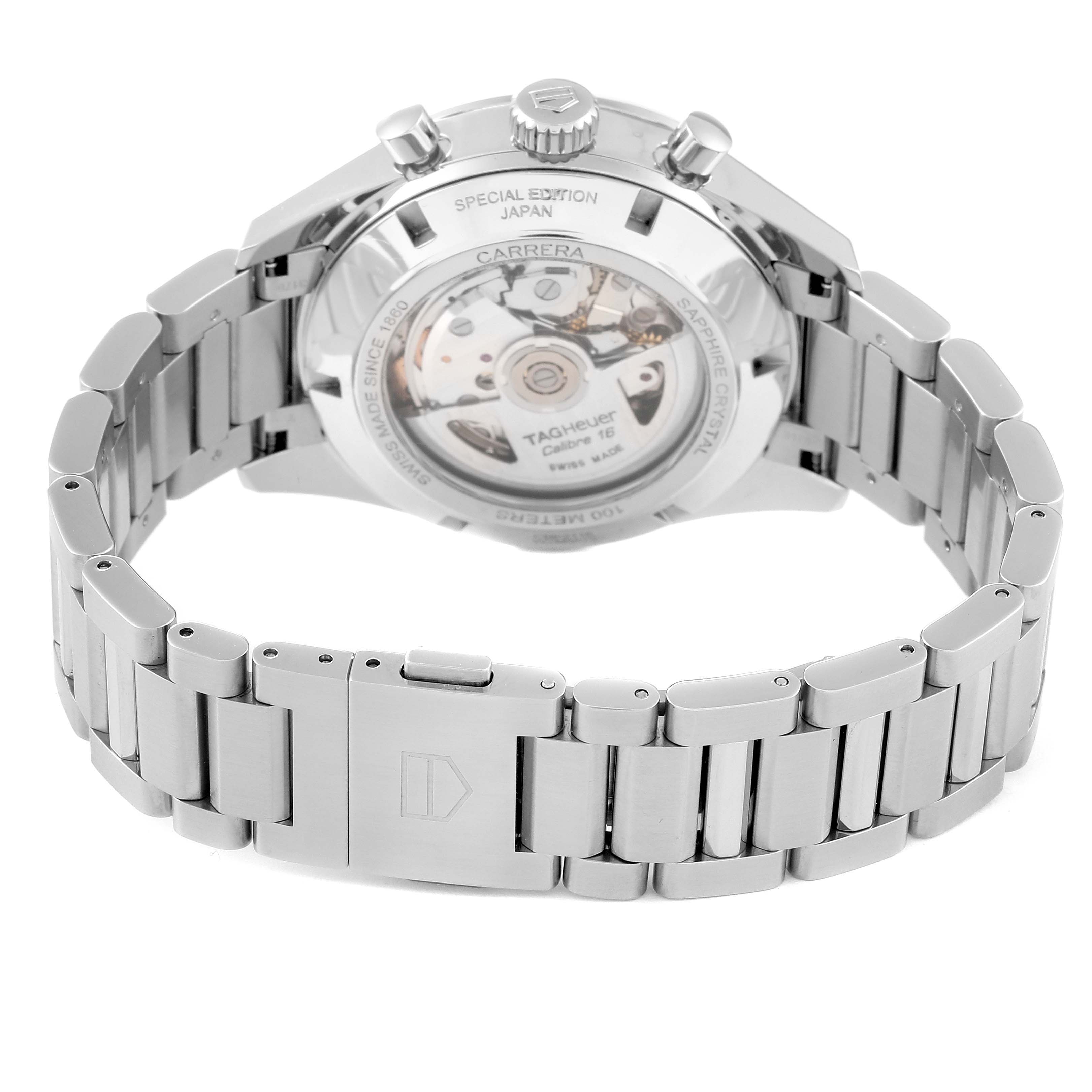 The image shows the back view of the Tag Heuer Carrera Limited Edition watch, highlighting its movement and bracelet clasp.