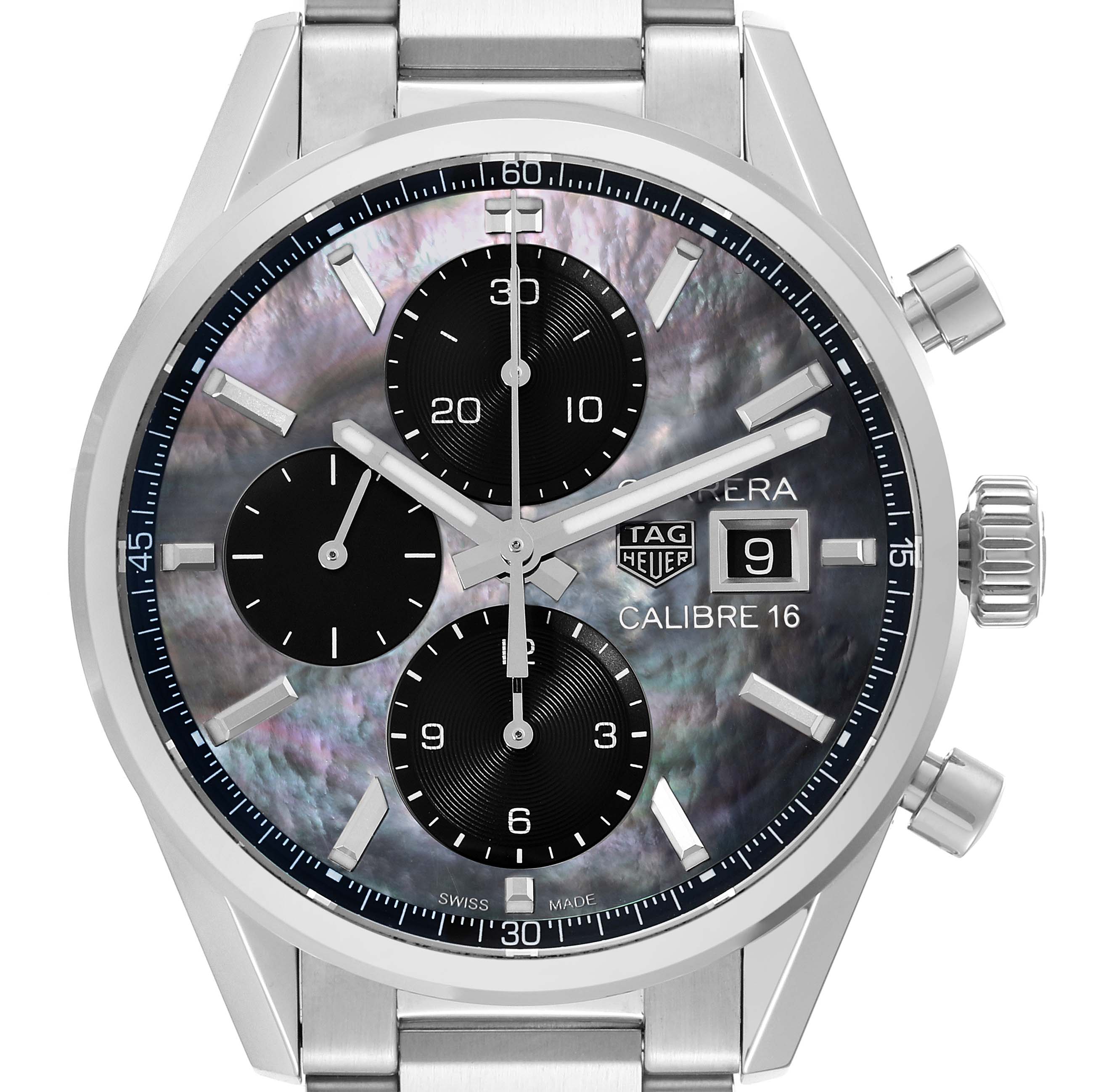 The image shows a close-up, front angle of the Tag Heuer Carrera Calibre 16 Limited Edition watch, highlighting the dial, subdials, and crown.