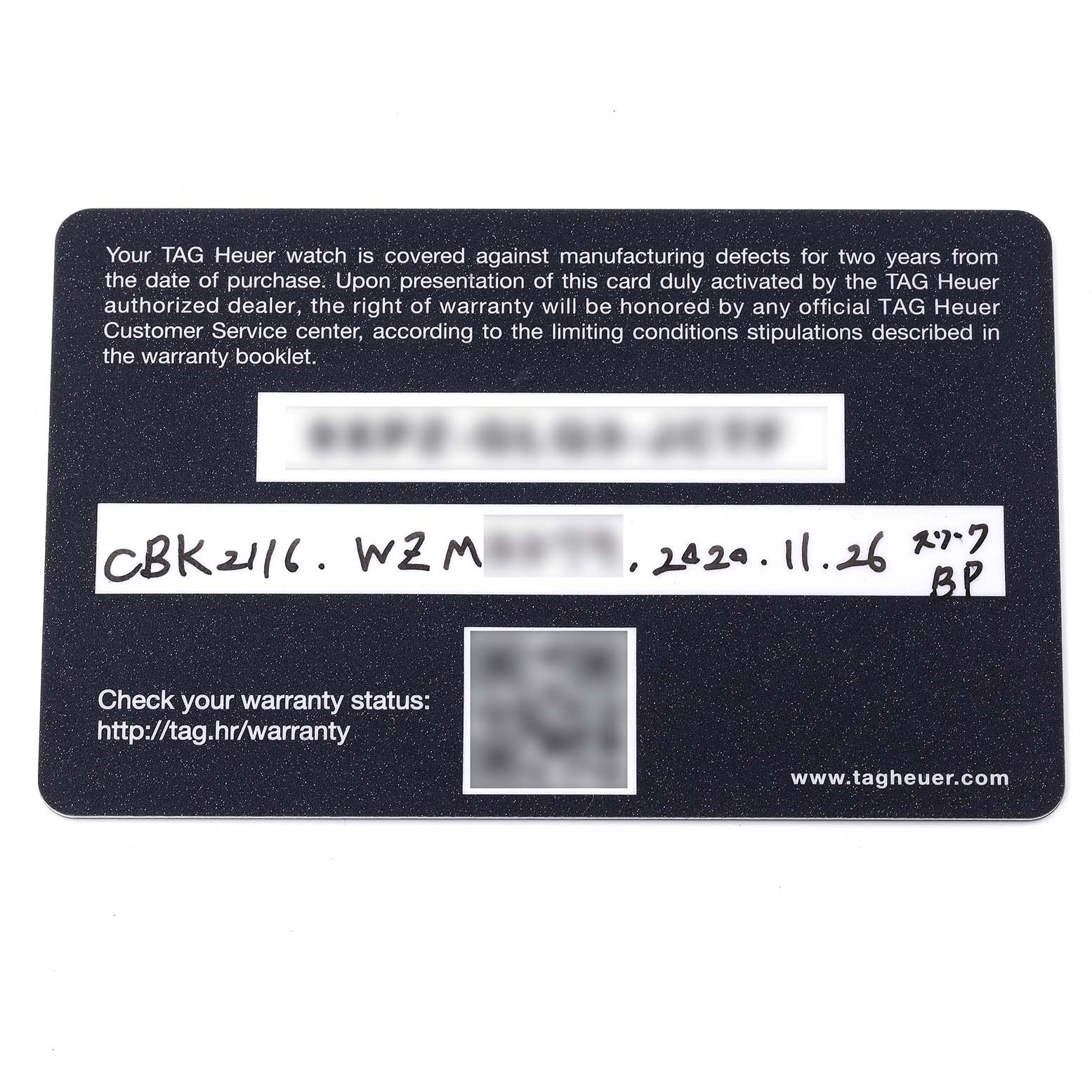 This image shows a warranty card for the Tag Heuer Limited Edition CBK2116 Men's Stainless Steel Mother of Pearl Dial CBK2116 Men's Stainless Steel Mother of Pearl Dial model CBK2116.