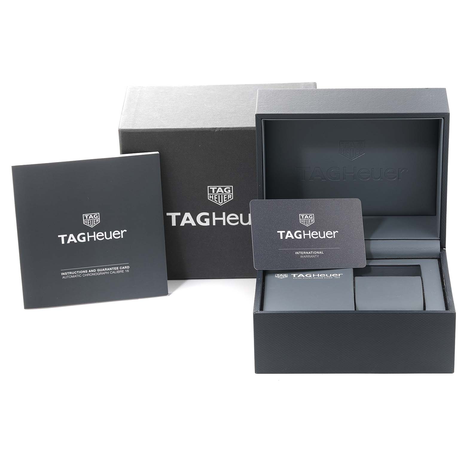 The image shows the box, booklet, and warranty card for the Tag Heuer Limited Edition CBK2116 Men's Stainless Steel Mother of Pearl Dial CBK2116 Men's Stainless Steel Mother of Pearl Dial model.