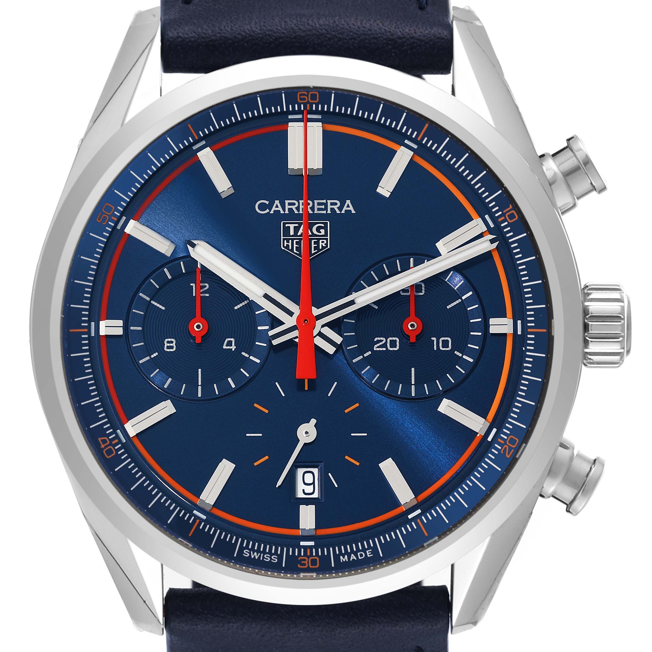 The Tag Heuer Carrera CBN201D.FC6543 Men's Stainless Steel Blue Dial CBN201D.FC6543 Men's Stainless Steel Blue Dial watch is shown from the front, displaying its blue dial, chronograph subdials, and date window.