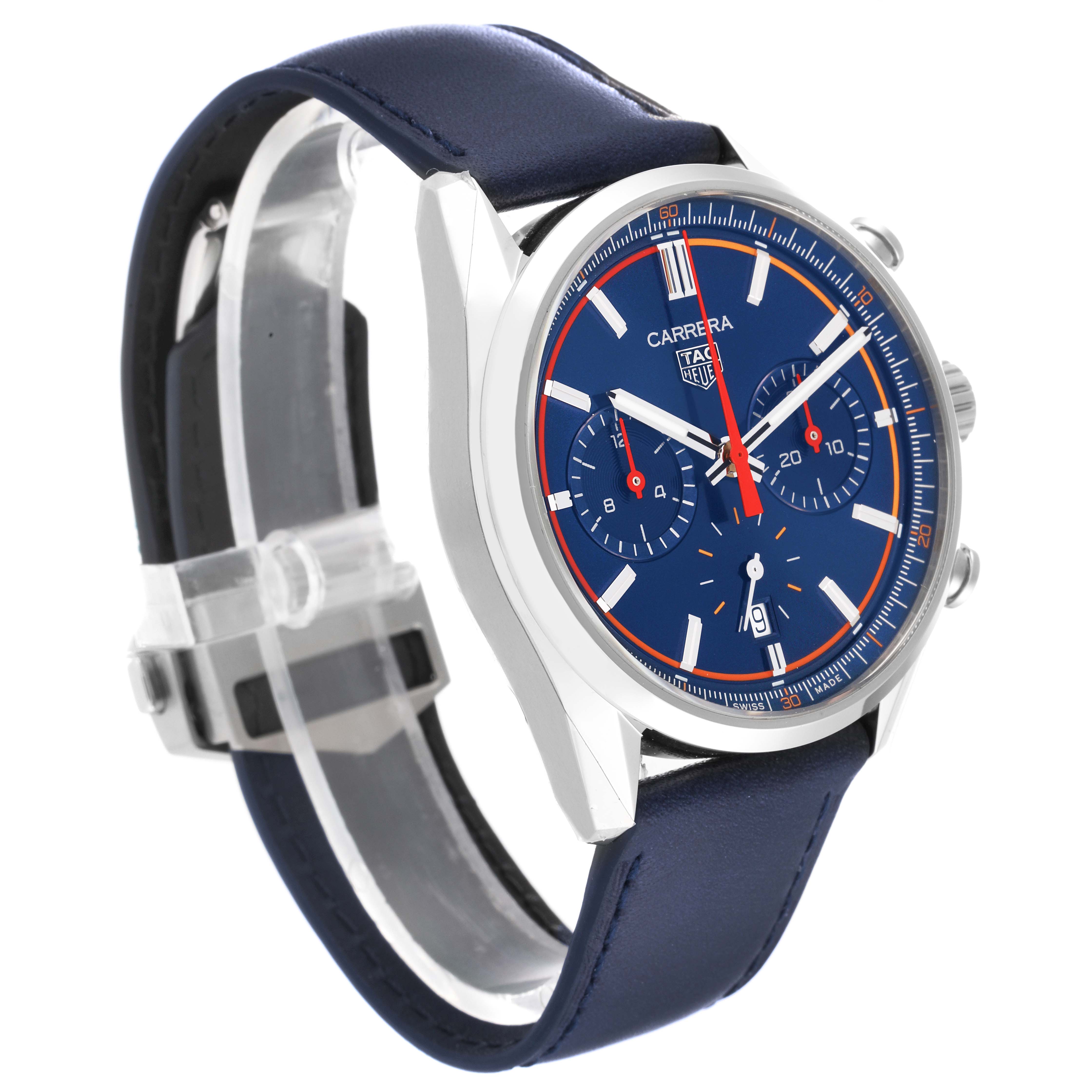 The image shows a Tag Heuer Carrera CBN201D.FC6543 Men's Stainless Steel Blue Dial CBN201D.FC6543 Men's Stainless Steel Blue Dial watch at a front-side angle, highlighting the blue dial, chronograph subdials, and leather strap.