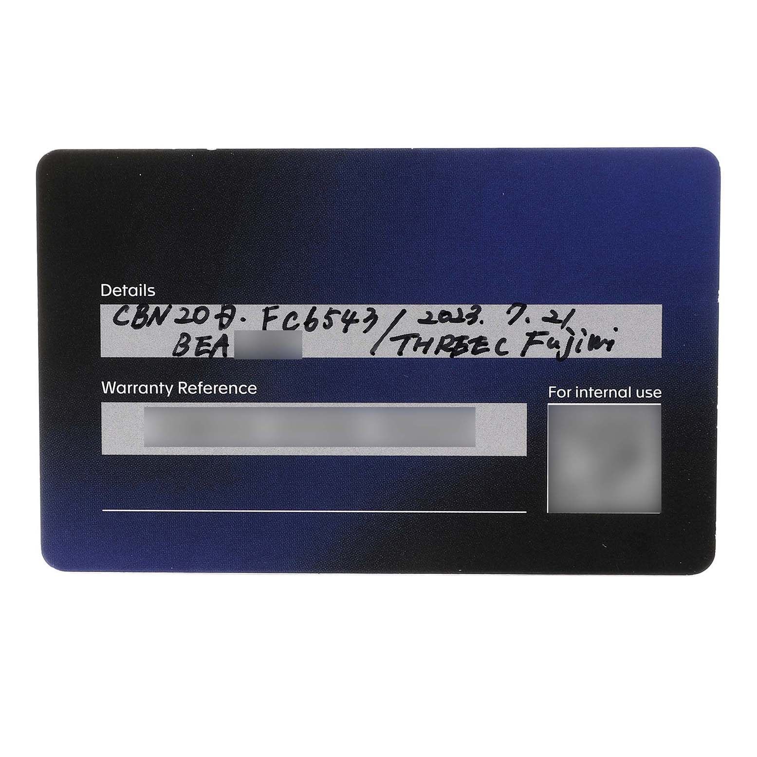 This image shows a warranty card for a Tag Heuer Carrera CBN201D.FC6543 Men's Stainless Steel Blue Dial CBN201D.FC6543 Men's Stainless Steel Blue Dial watch.