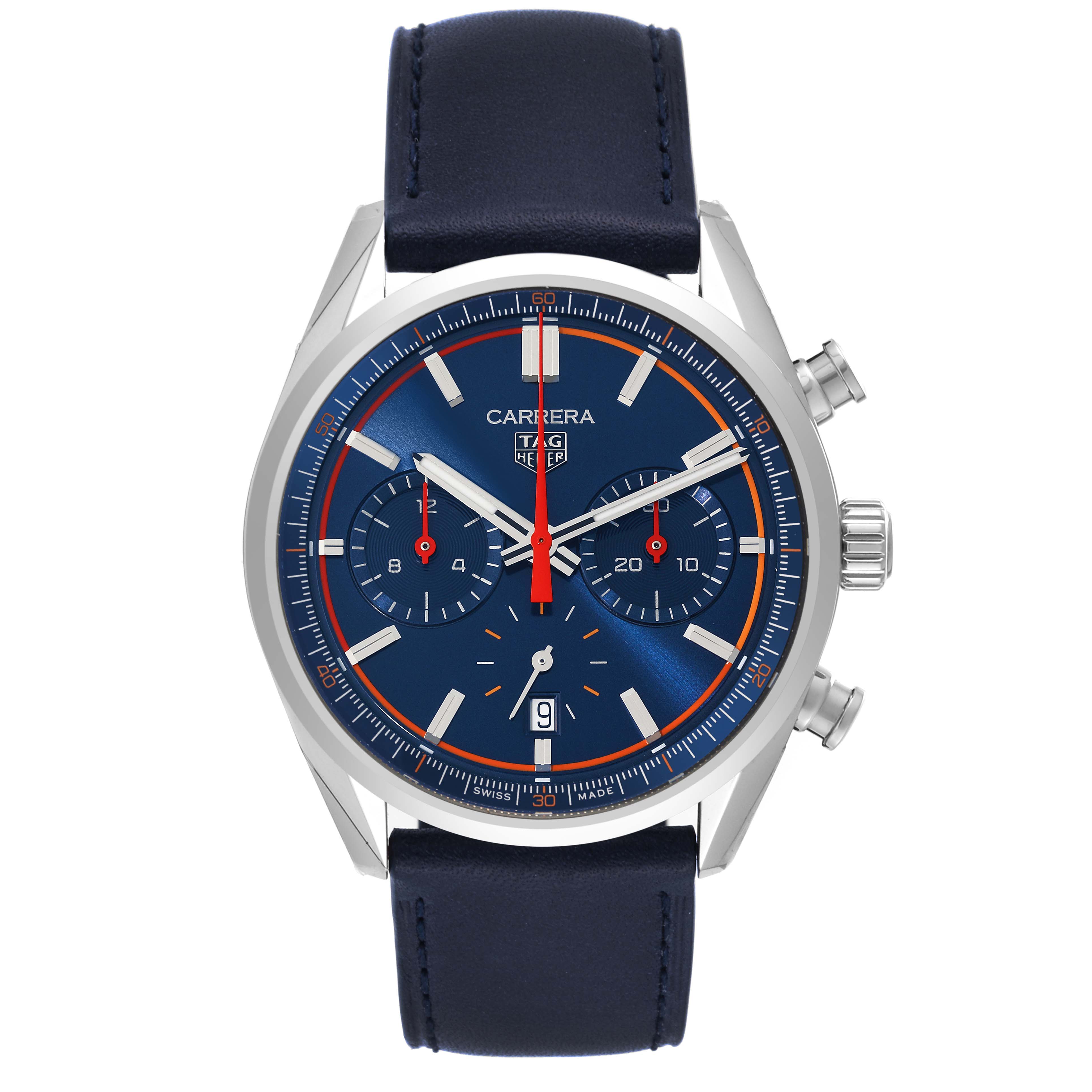 The image shows a frontal view of a Carrera model watch by Tag Heuer, featuring a blue dial, sub-dials, and a leather strap.