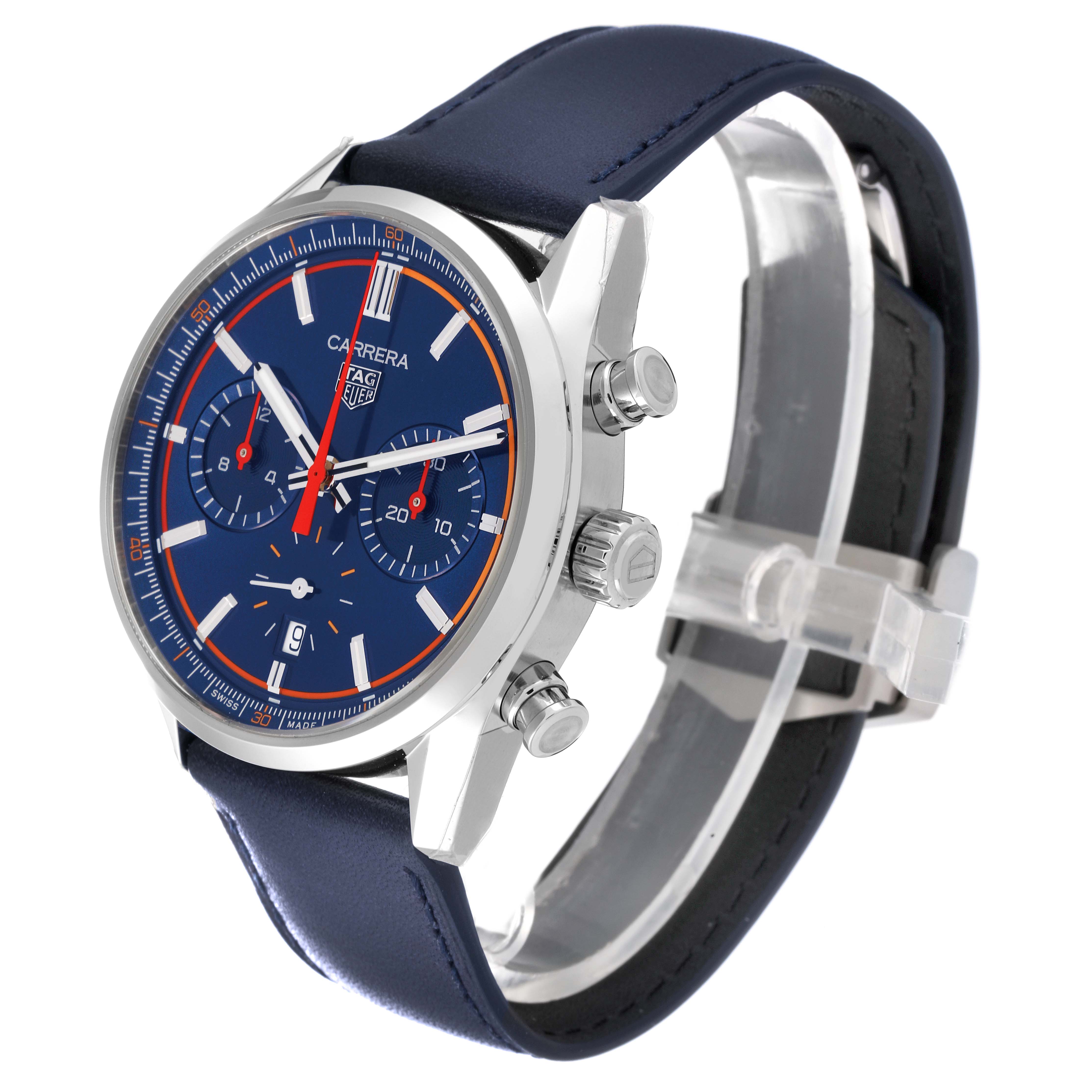 The image shows a Tag Heuer Carrera CBN201D.FC6543 Men's Stainless Steel Blue Dial CBN201D.FC6543 Men's Stainless Steel Blue Dial watch with a blue dial, silver case, and blue leather strap, viewed from a three-quarter angle.
