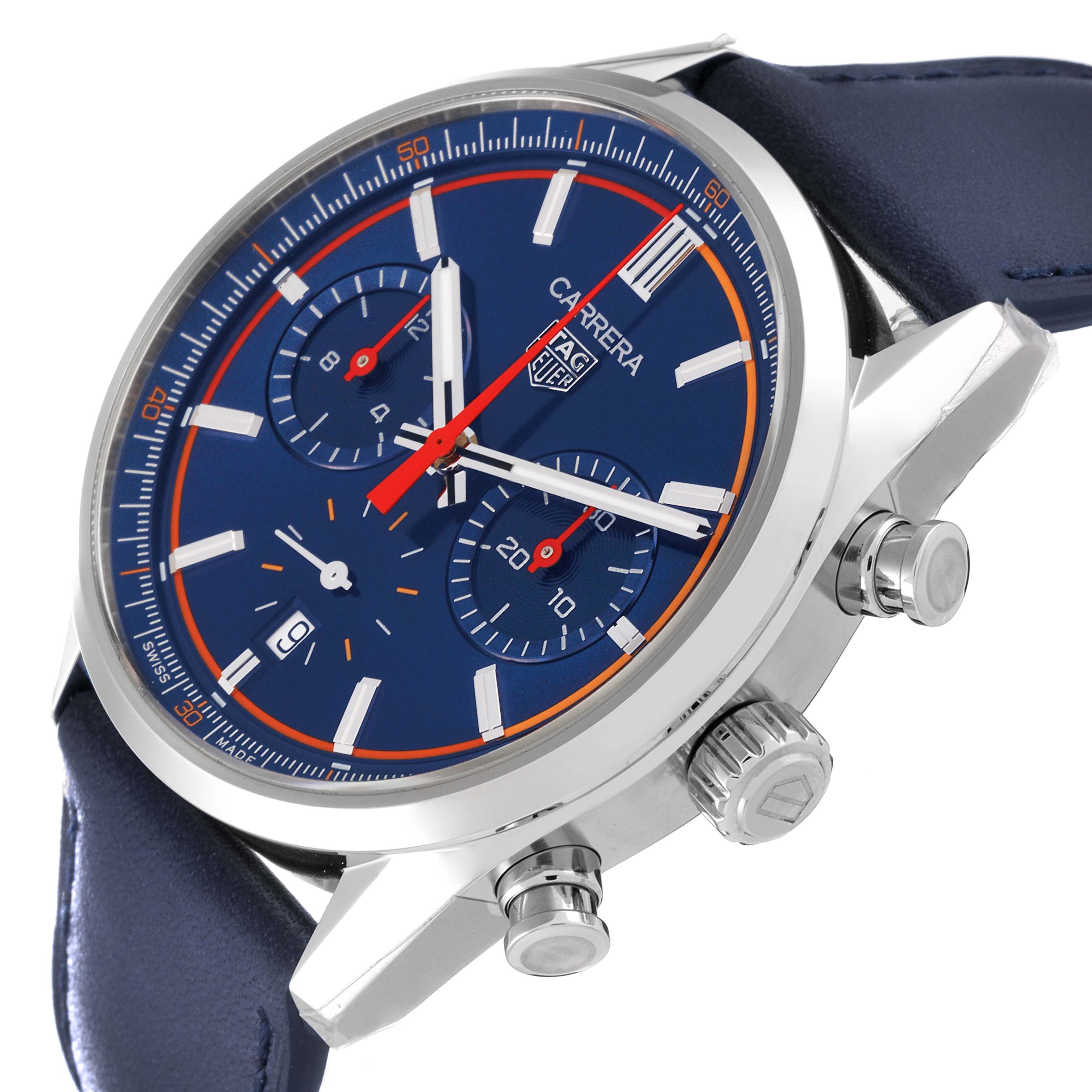 The image shows a side and angled view of the Tag Heuer Carrera CBN201D.FC6543 Men's Stainless Steel Blue Dial CBN201D.FC6543 Men's Stainless Steel Blue Dial watch, highlighting the dial, chronograph subdials, and crown.