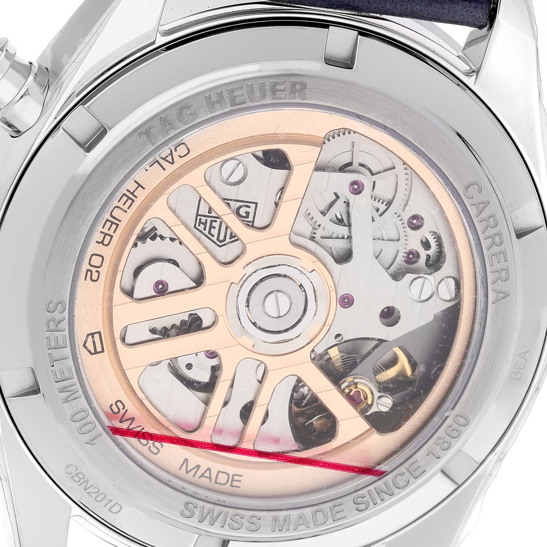 The image shows the back view of a Tag Heuer Carrera CBN201D.FC6543 Men's Stainless Steel Blue Dial CBN201D.FC6543 Men's Stainless Steel Blue Dial watch, revealing its intricate movement.