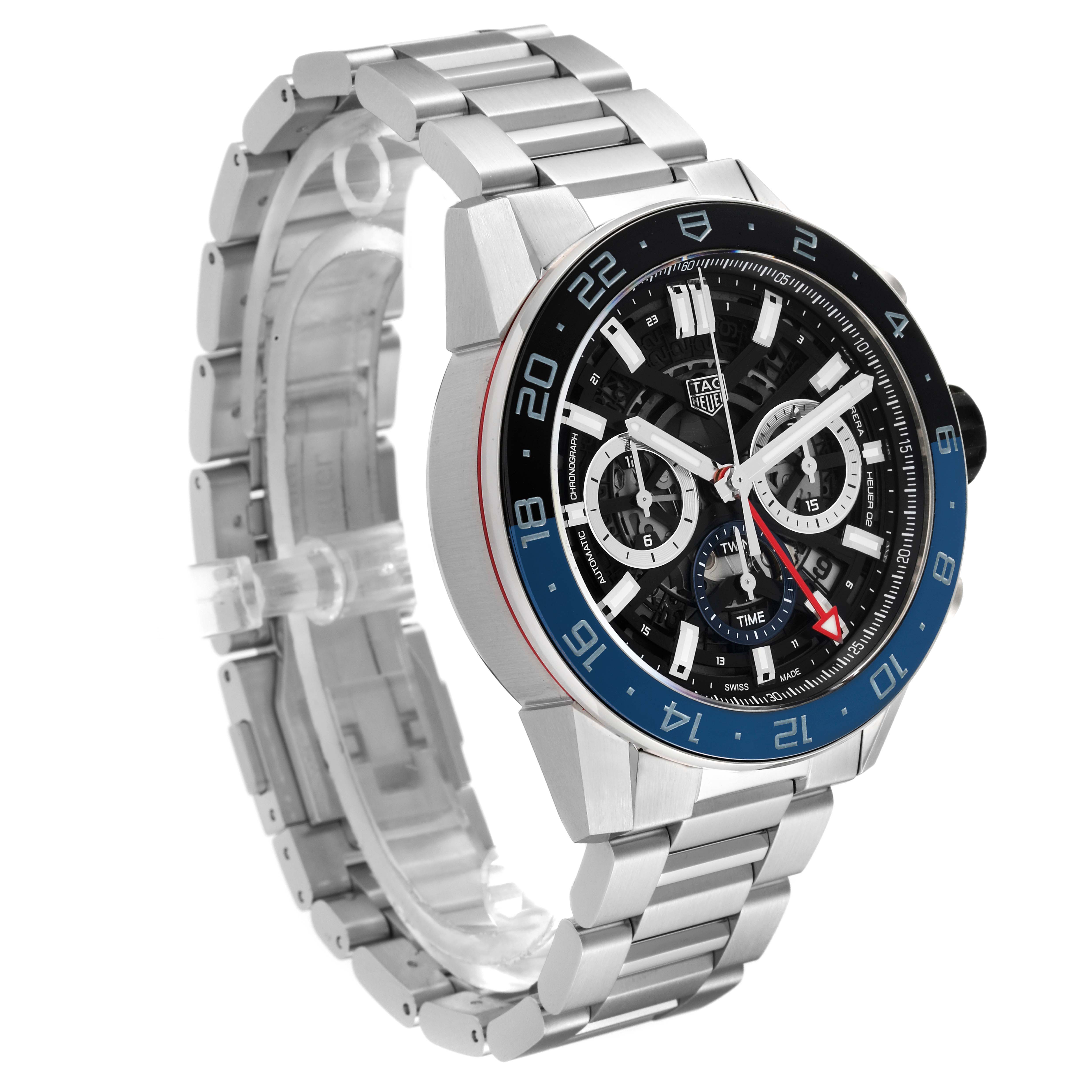 This image displays a Tag Heuer Carrera CBG2A1Z.BA0658 Men's Stainless Steel Black Dial CBG2A1Z.BA0658 Men's Stainless Steel Black Dial watch from an angled perspective showing the dial, bezel, and metal bracelet in full detail.