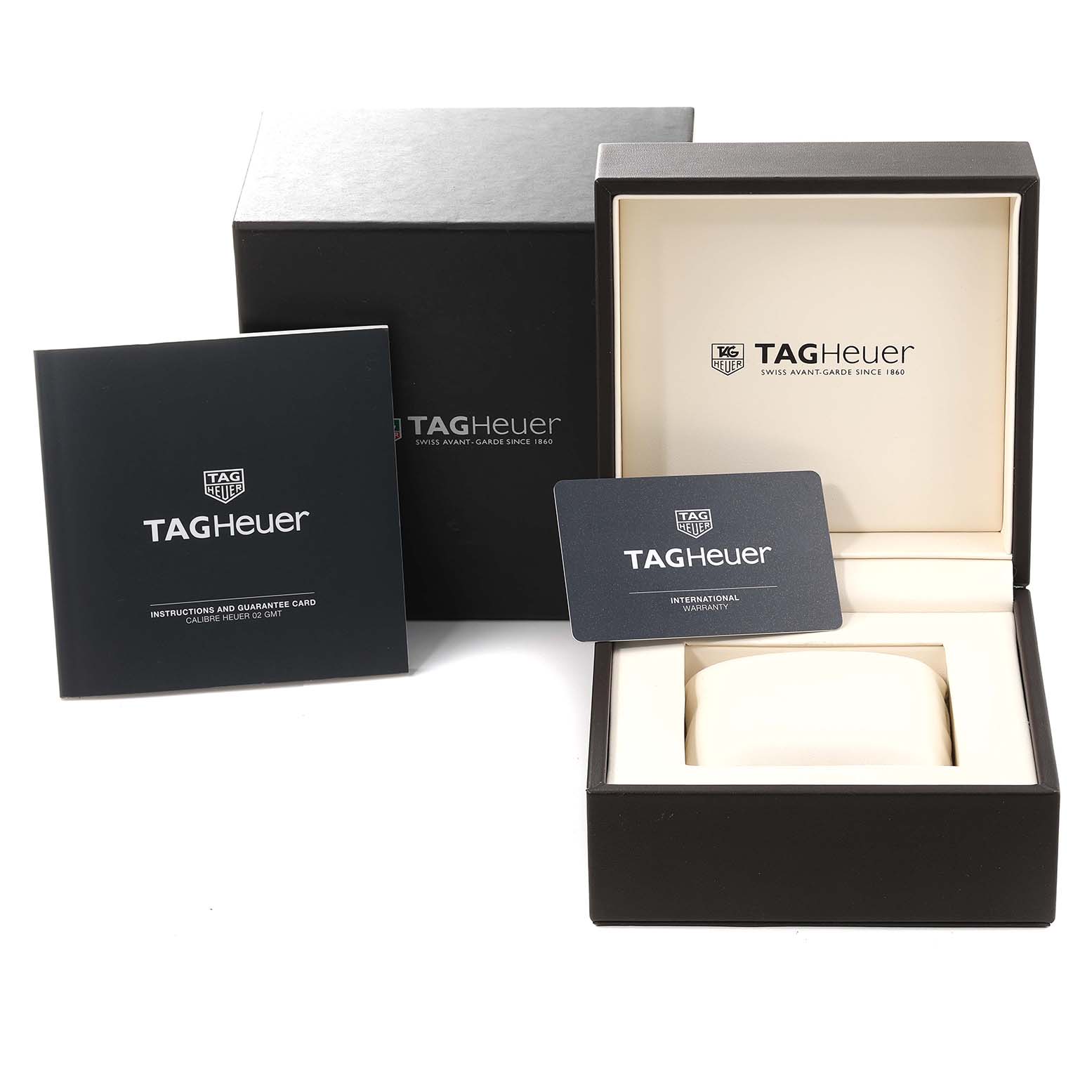 The image shows the packaging, instruction manual, and warranty card for the Tag Heuer Carrera CBG2A1Z.BA0658 Men's Stainless Steel Black Dial CBG2A1Z.BA0658 Men's Stainless Steel Black Dial watch.