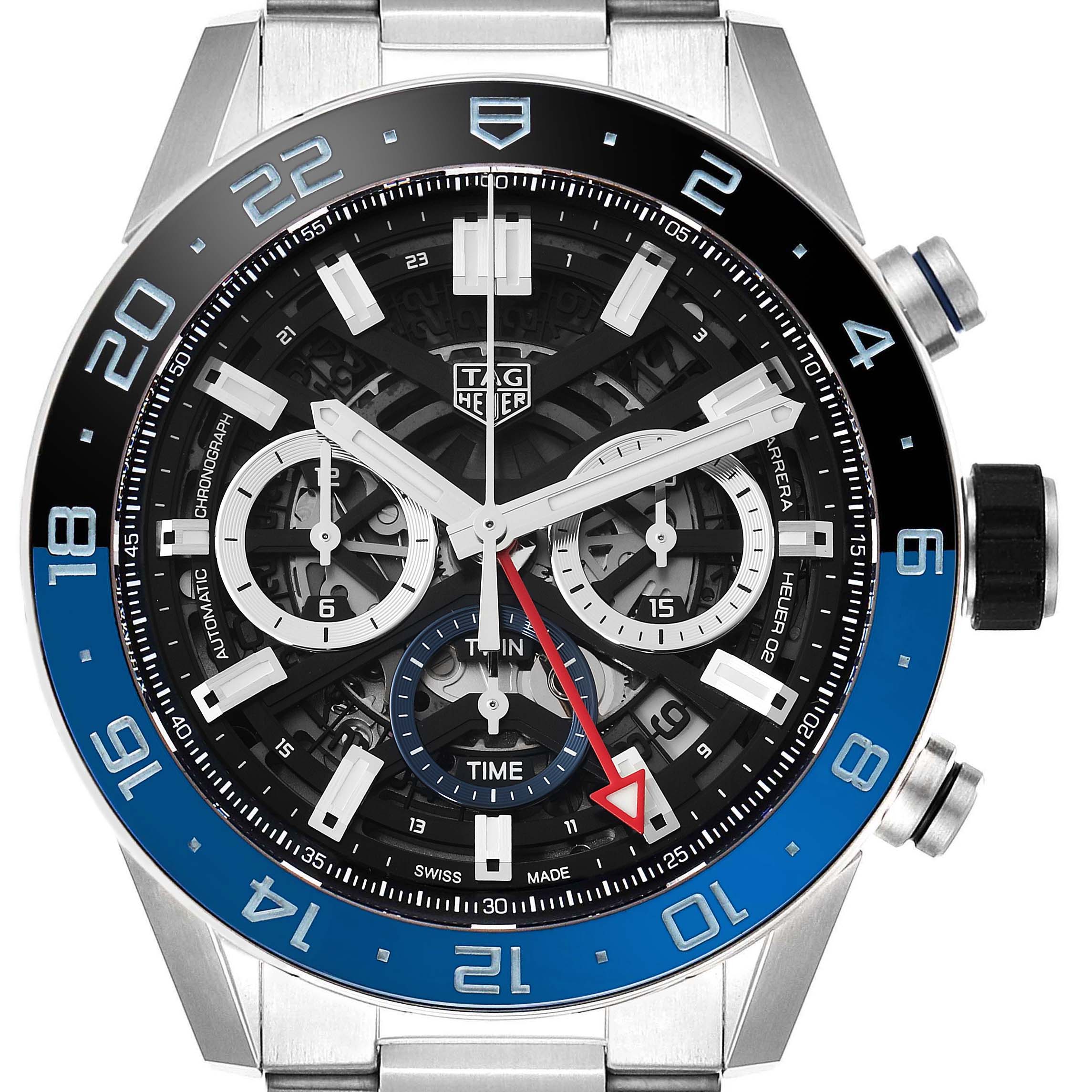 The image shows a close-up of the face of the Tag Heuer Carrera CBG2A1Z.BA0658 Men's Stainless Steel Black Dial CBG2A1Z.BA0658 Men's Stainless Steel Black Dial watch, highlighting its dials, hands, and numbers.