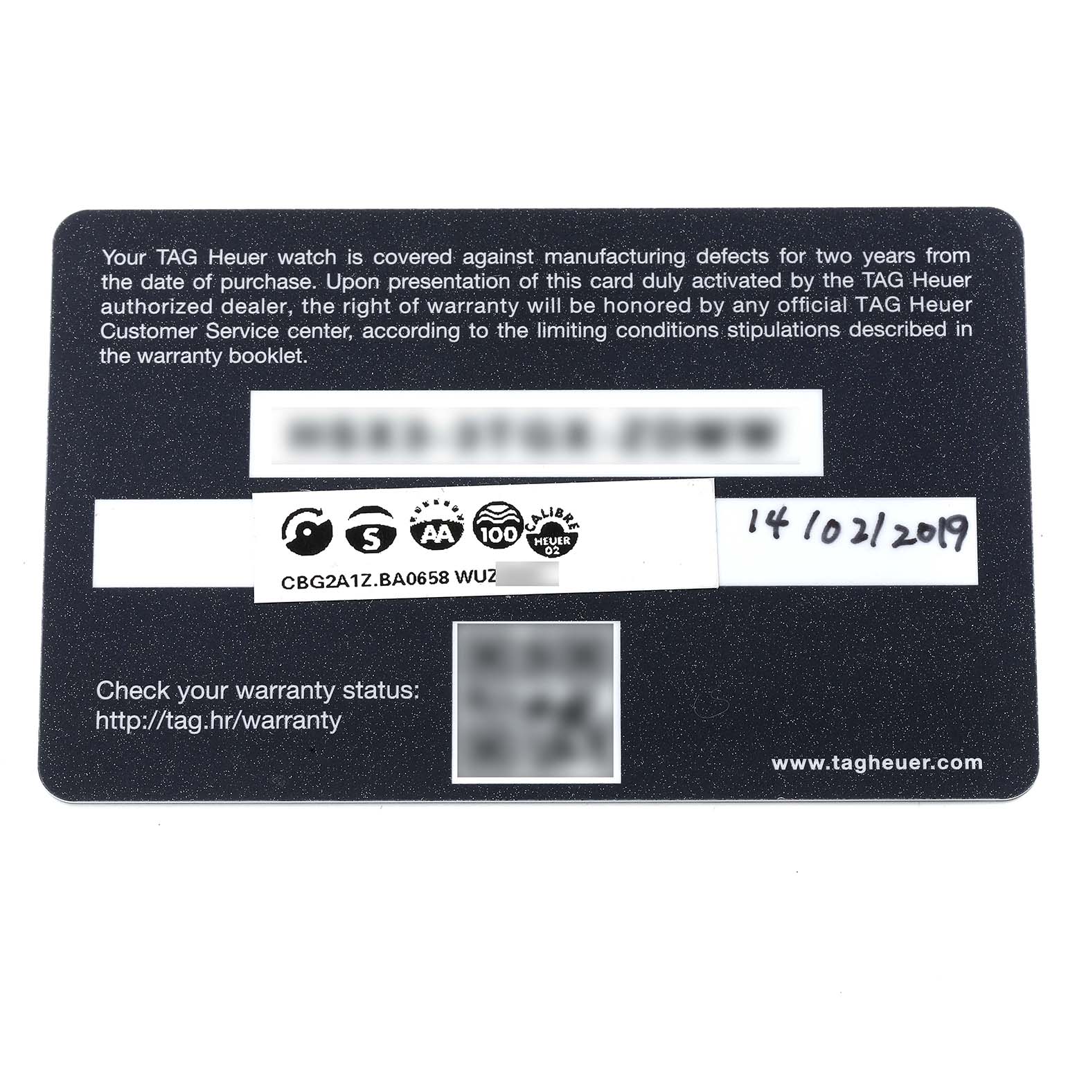 The image shows a warranty card for the Tag Heuer Carrera CBG2A1Z.BA0658 Men's Stainless Steel Black Dial CBG2A1Z.BA0658 Men's Stainless Steel Black Dial model, displaying warranty details and a purchase date.