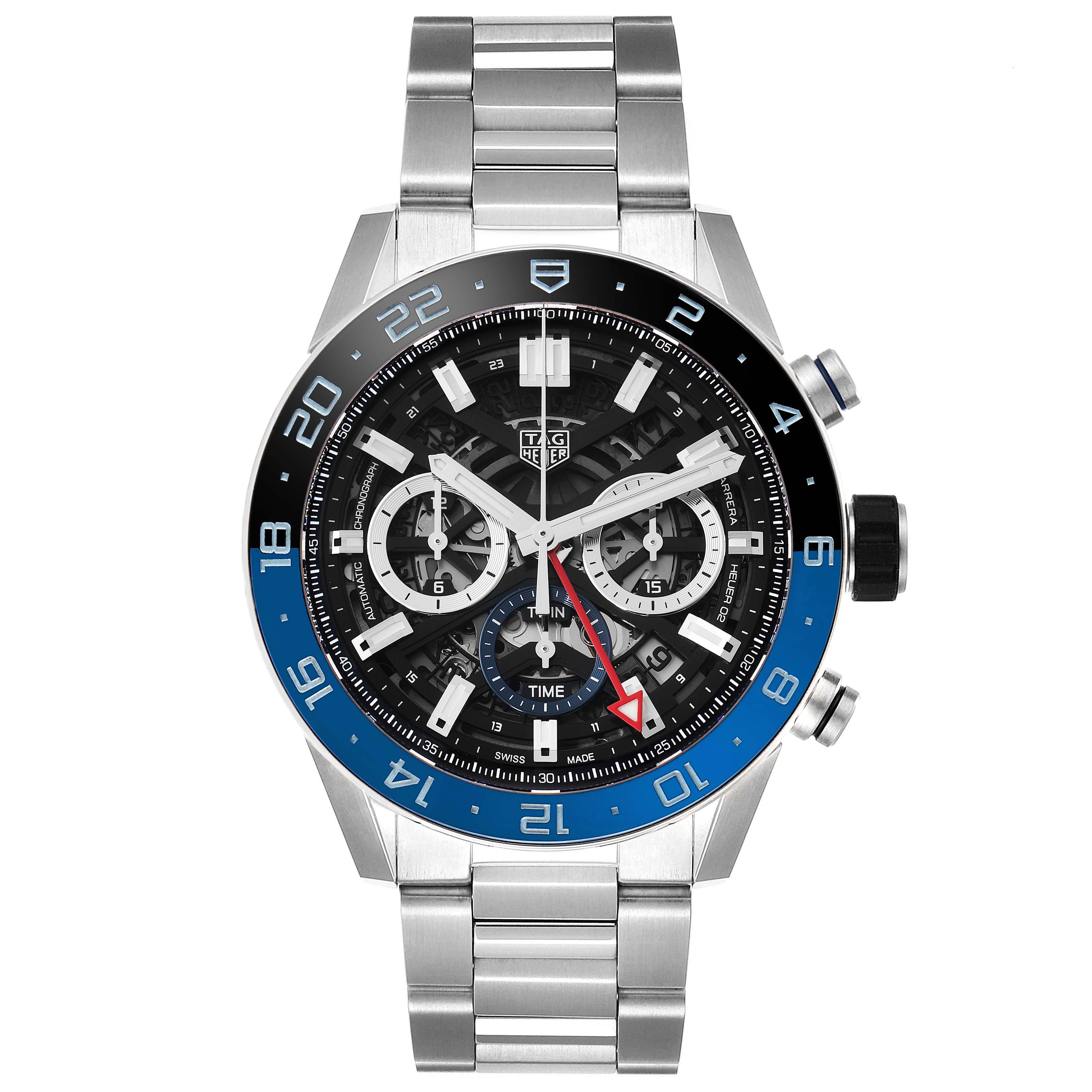 The image shows a Tag Heuer Carrera CBG2A1Z.BA0658 Men's Stainless Steel Black Dial CBG2A1Z.BA0658 Men's Stainless Steel Black Dial watch taken from a straight-on angle, highlighting its face, bezel, and metal bracelet.