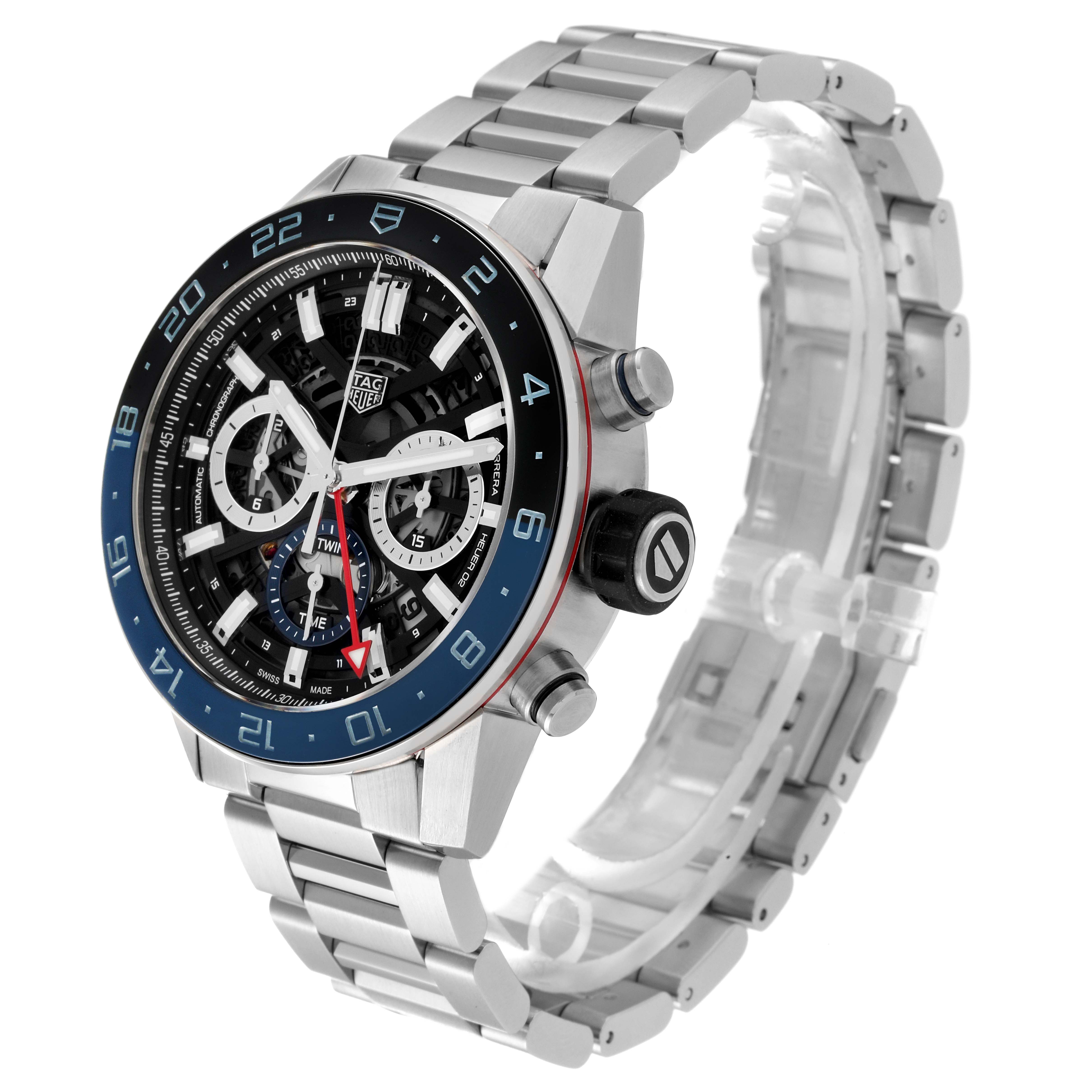 This image shows a Carrera model by Tag Heuer at a three-quarter angle, highlighting its face, bezel, crown, and stainless steel bracelet.