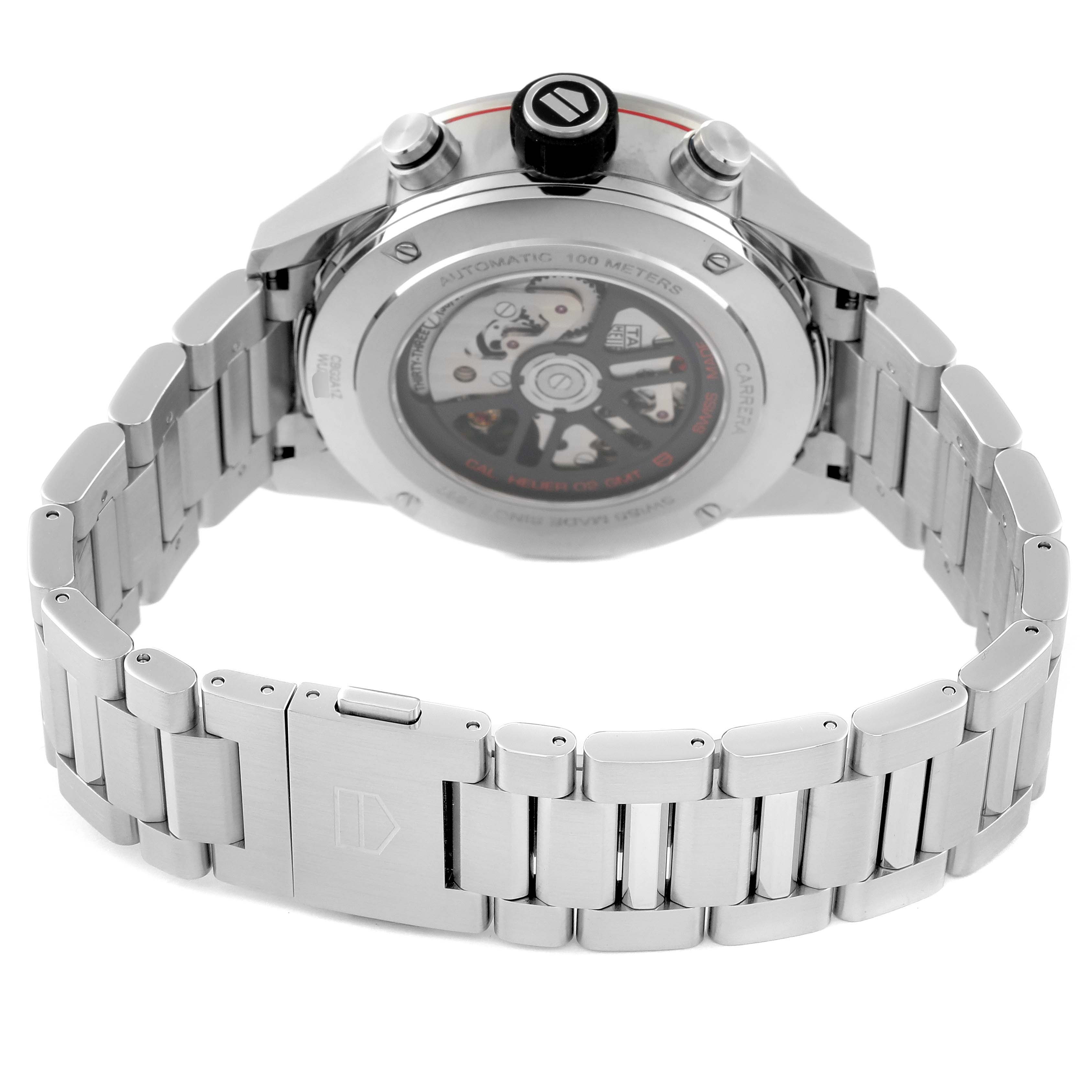 This image shows the back and clasp of a Tag Heuer Carrera CBG2A1Z.BA0658 Men's Stainless Steel Black Dial CBG2A1Z.BA0658 Men's Stainless Steel Black Dial watch, highlighting the movement through the transparent case back.