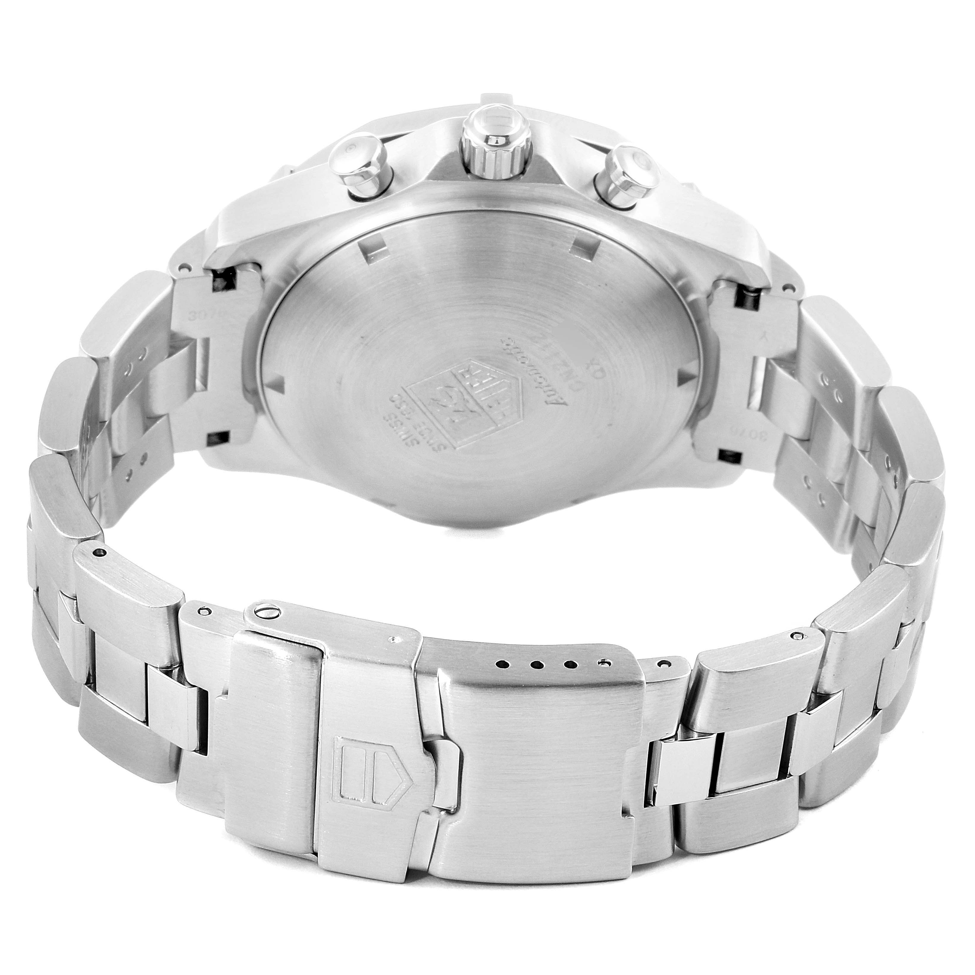 This image shows the back case and stainless steel bracelet of the Tag Heuer Aquaracer CN2112.BA0339 Men's Stainless Steel Blue Dial CN2112.BA0339 Men's Stainless Steel Blue Dial watch, including the clasp.