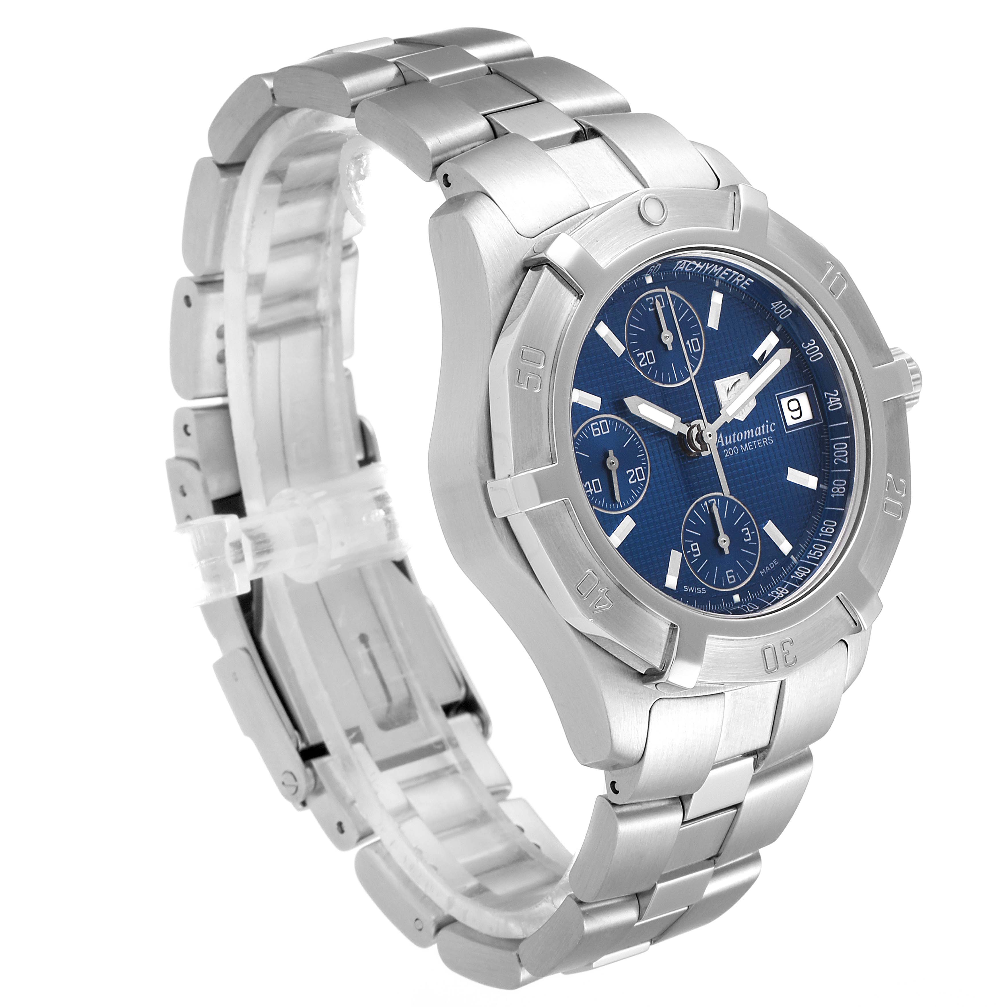 The image shows a Tag Heuer Aquaracer CN2112.BA0339 Men's Stainless Steel Blue Dial CN2112.BA0339 Men's Stainless Steel Blue Dial watch in a three-quarters angle highlighting its face, bezel, and metal bracelet.