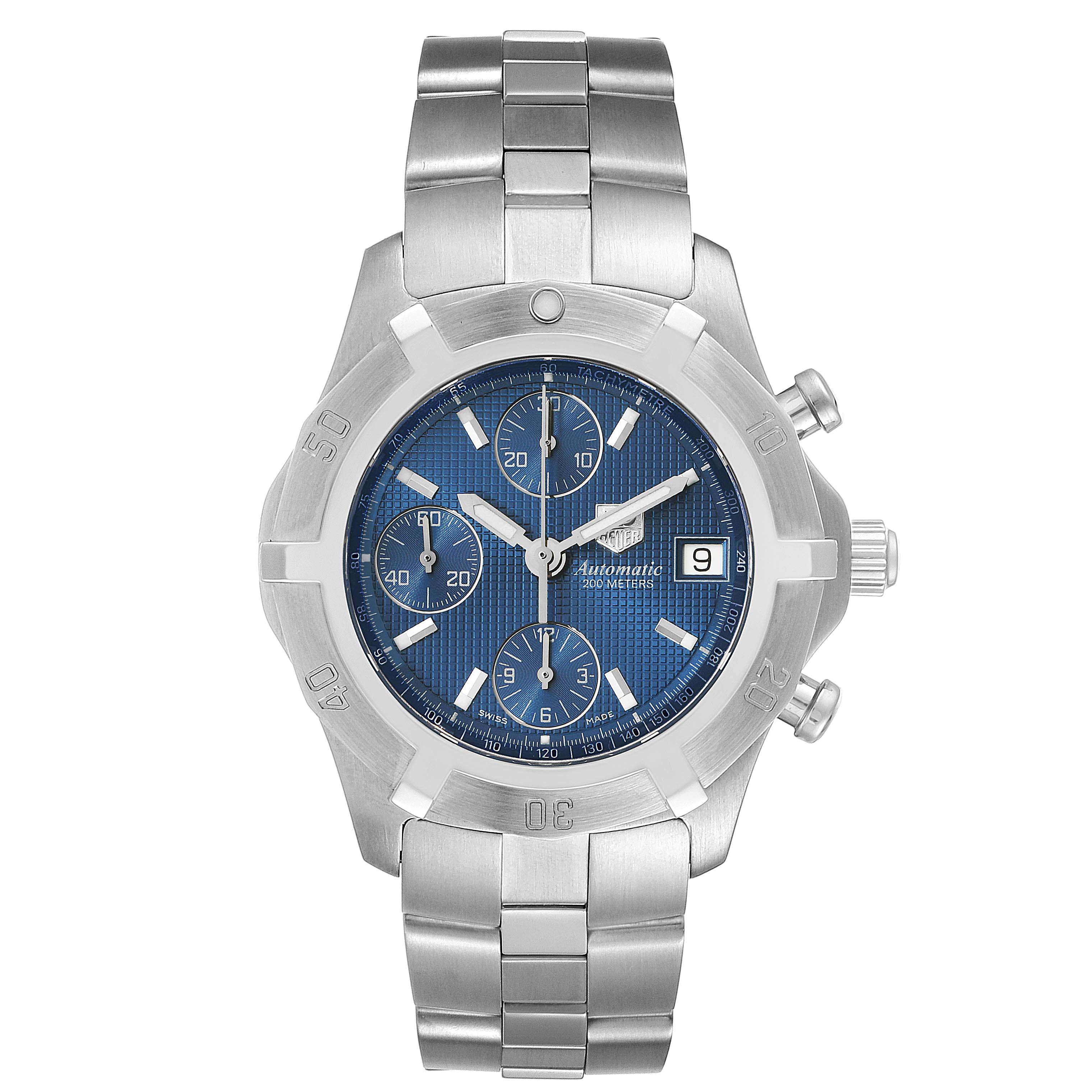 This image shows a Tag Heuer Aquaracer CN2112.BA0339 Men's Stainless Steel Blue Dial CN2112.BA0339 Men's Stainless Steel Blue Dial watch, displaying its face, dial, bezel, subdials, bracelet, and crown from the front.