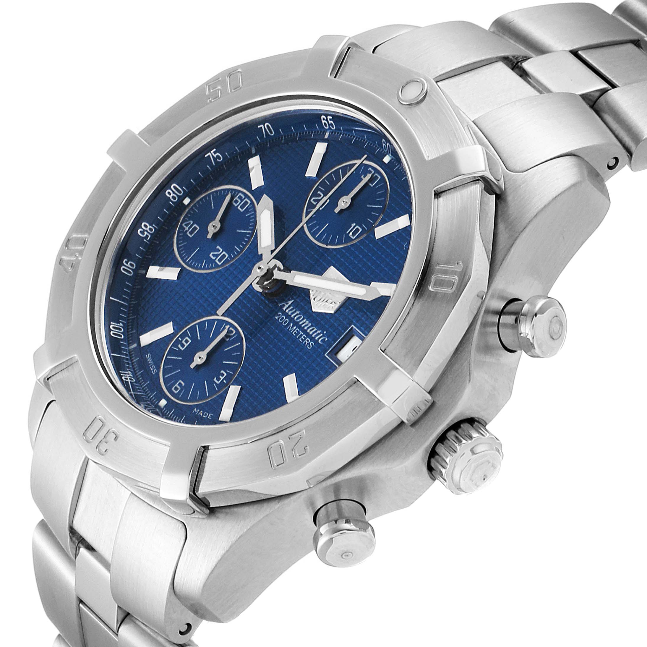 The image shows a Tag Heuer Aquaracer CN2112.BA0339 Men's Stainless Steel Blue Dial CN2112.BA0339 Men's Stainless Steel Blue Dial watch at an angle emphasizing its face, bezel, crown, and stainless steel bracelet.
