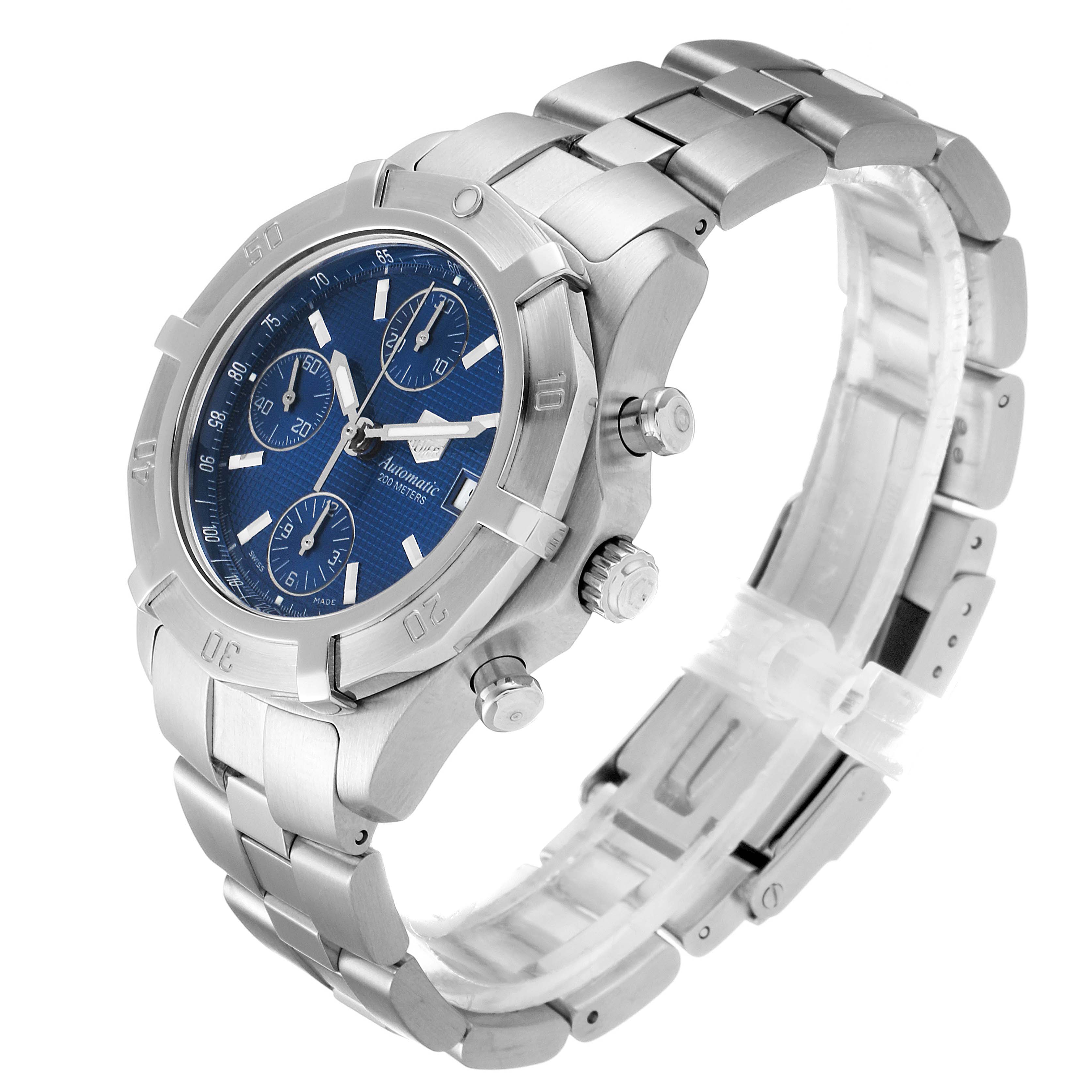 The image displays a Tag Heuer Aquaracer CN2112.BA0339 Men's Stainless Steel Blue Dial CN2112.BA0339 Men's Stainless Steel Blue Dial watch at a three-quarter angle, showcasing its stainless steel band and blue dial.