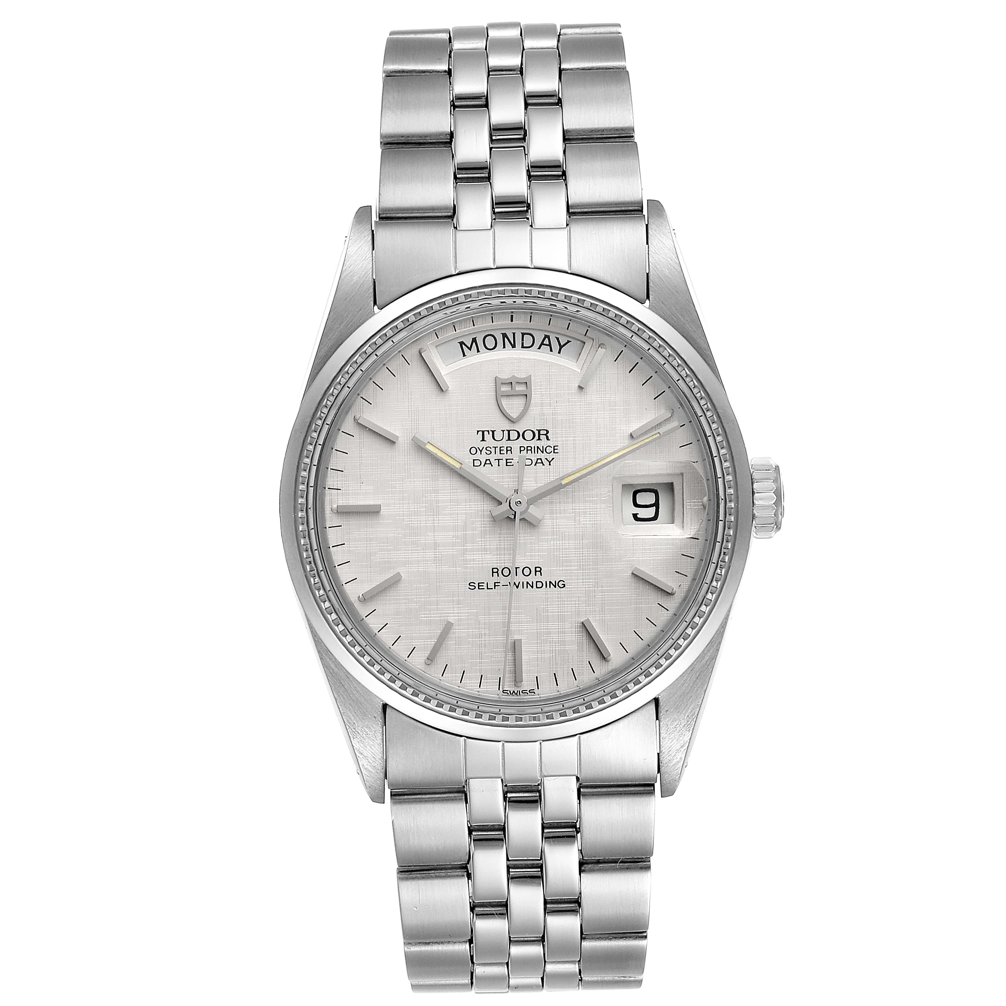 The image shows a front view of the Tudor Prince 94710 Men
s Stainless Steel Silver Dial 94710 Men
s Stainless Steel Silver Dial watch, displaying its dial, day and date functions, and stainless steel bracelet.