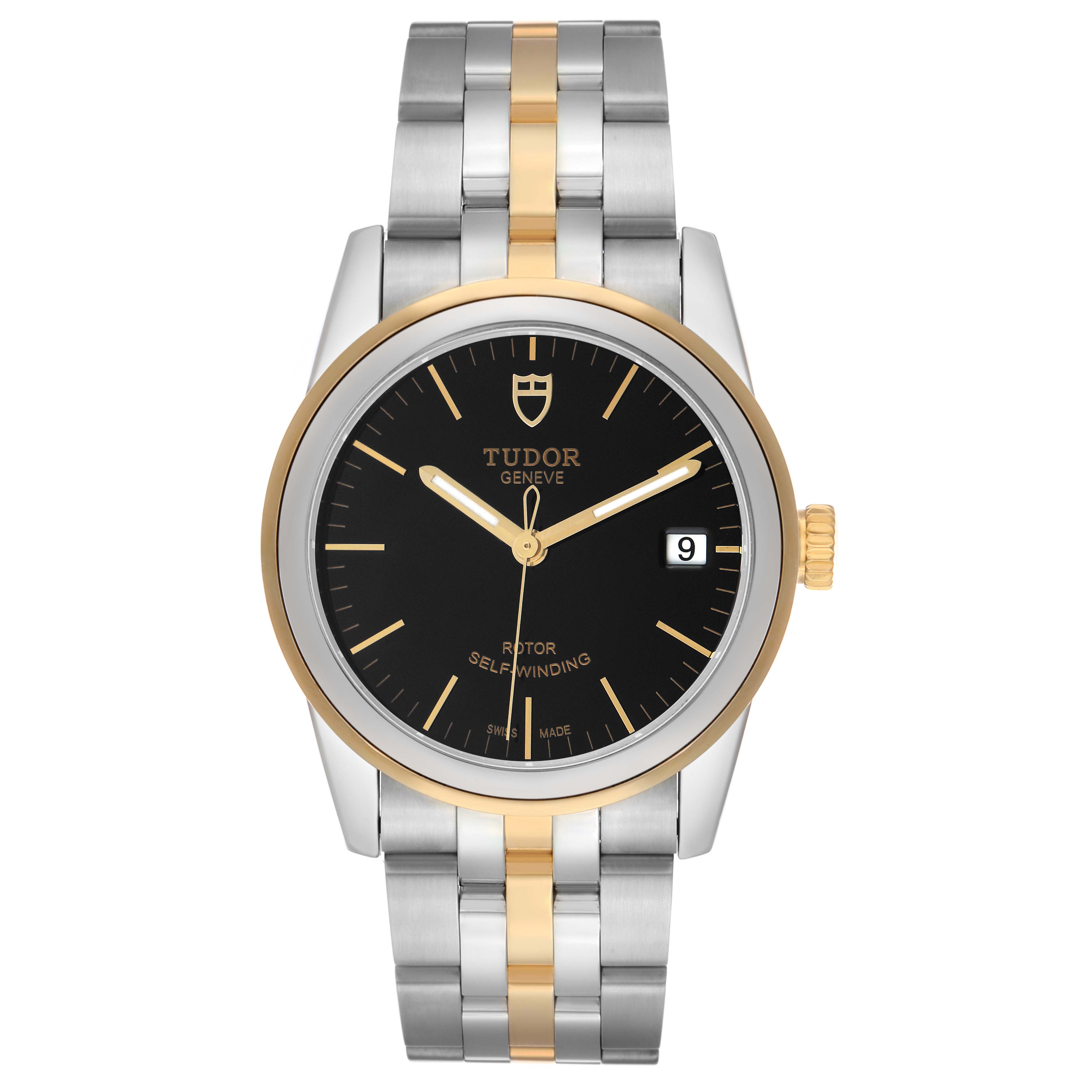 The Tudor Glamour 55003-0007 Men's Steel and Gold (two tone) Black Dial watch is shown from the front, featuring a two-tone bracelet and a black dial with a date window.