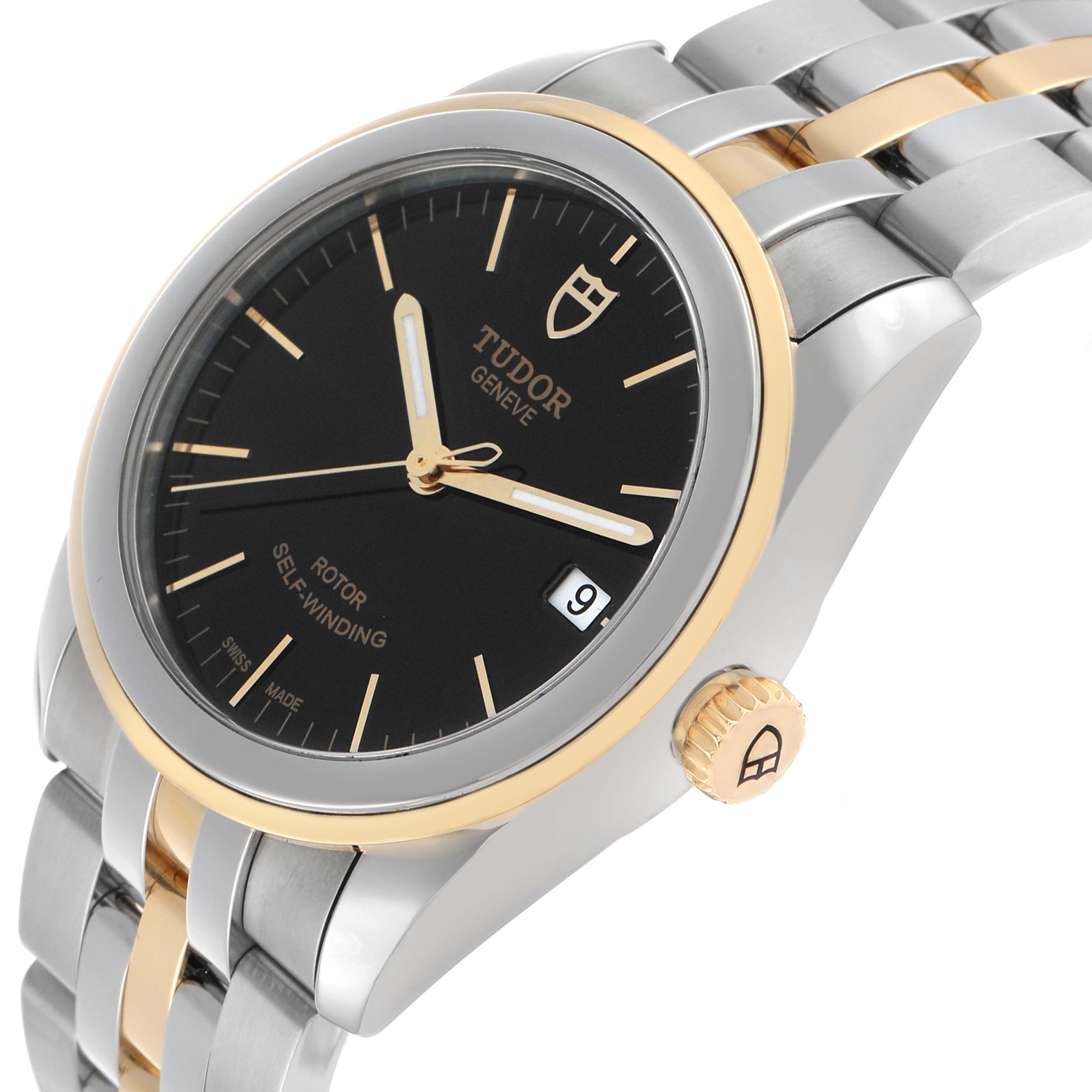 The Tudor Glamour 55003-0007 Men's Steel and Gold (two tone) Black Dial watch is shown at an angle highlighting the face, crown, and two-tone bracelet.