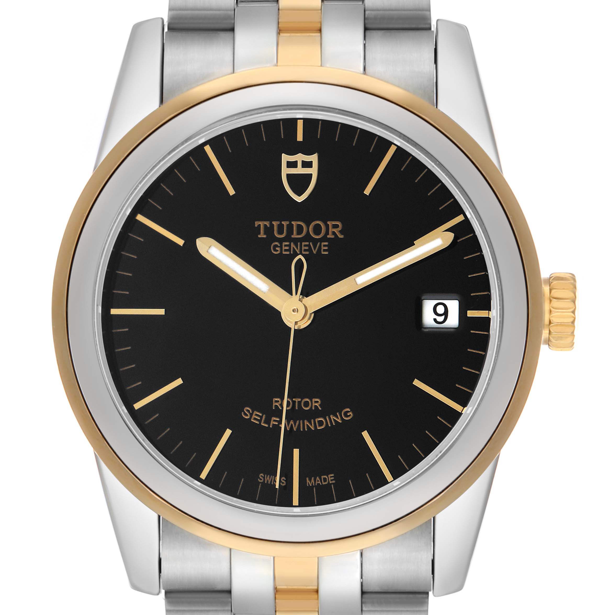 The Tudor Glamour 55003-0007 Men's Steel and Gold (two tone) Black Dial watch is shown from a front angle, displaying its black dial, gold accents, date window, and part of the bracelet.