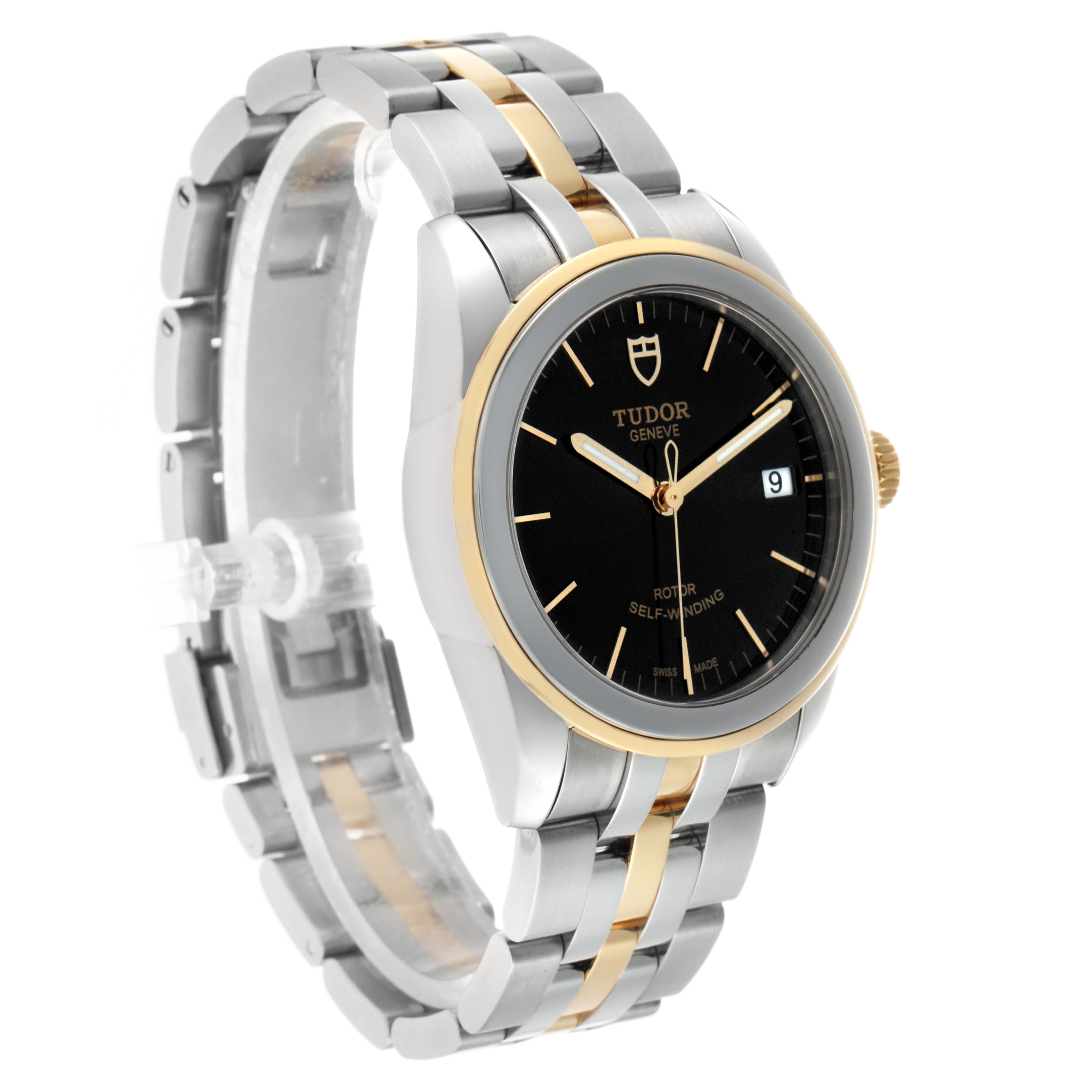 The Tudor Glamour 55003-0007 Men's Steel and Gold (two tone) Black Dial watch is shown at an angled side view, displaying its black dial, gold-tone bezel, and two-tone bracelet.