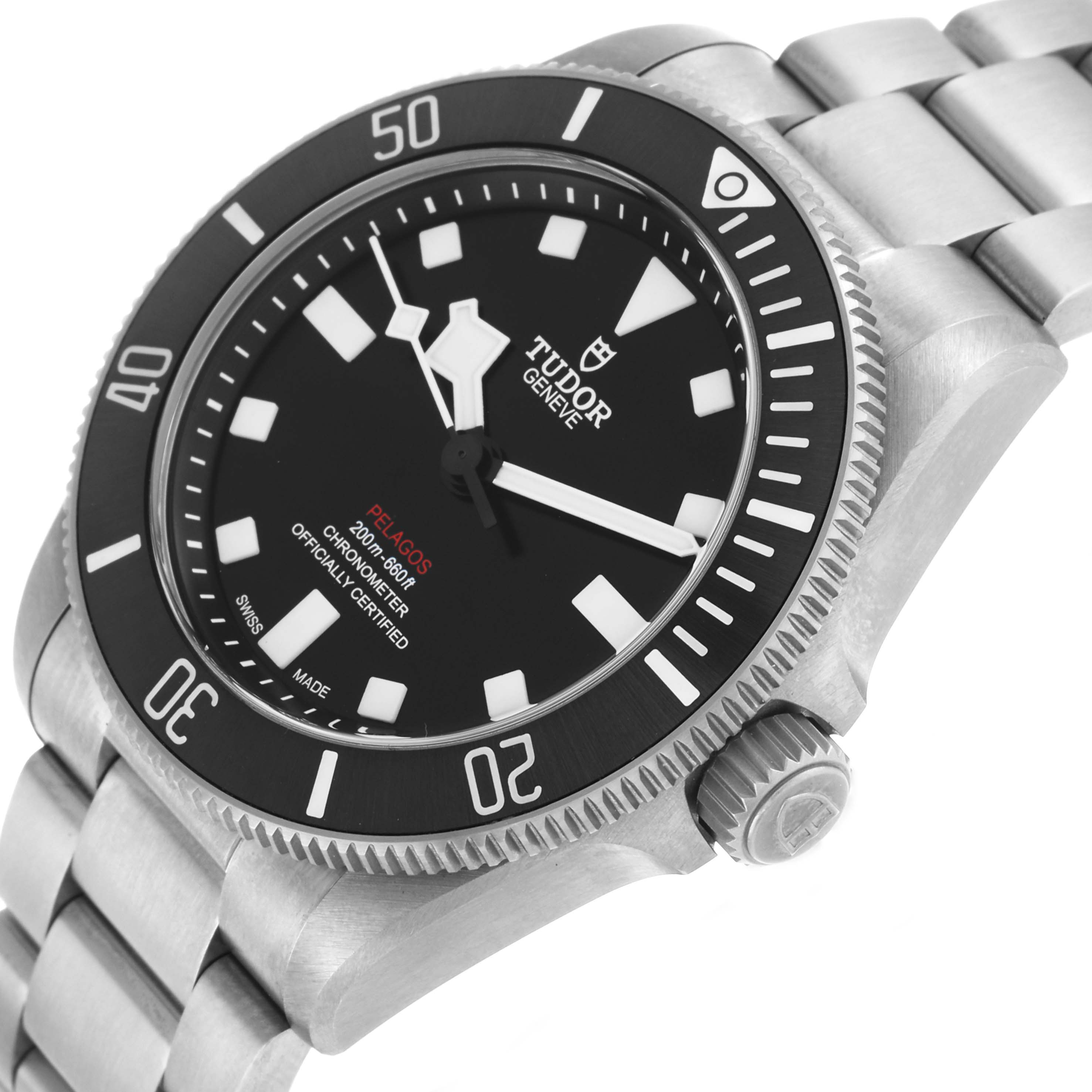 The Tudor Pelagos 25407N Men's Titanium Black Dial watch is shown at a slight angle, highlighting the dial, bezel, crown, and bracelet.