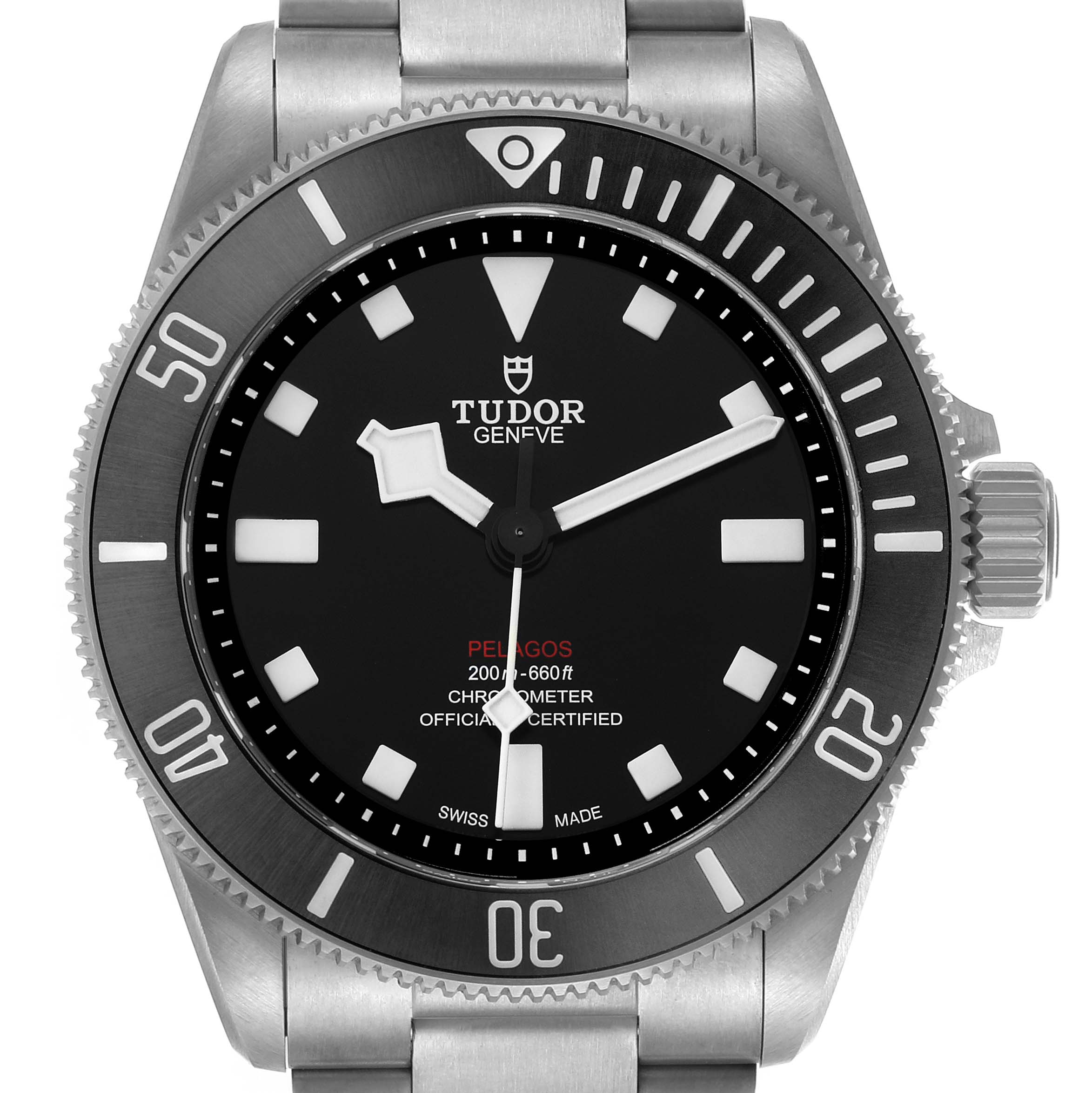 This image shows the Tudor Pelagos 25407N Men's Titanium Black Dial watch from a front angle, displaying the dial, bezel, and bracelet links.