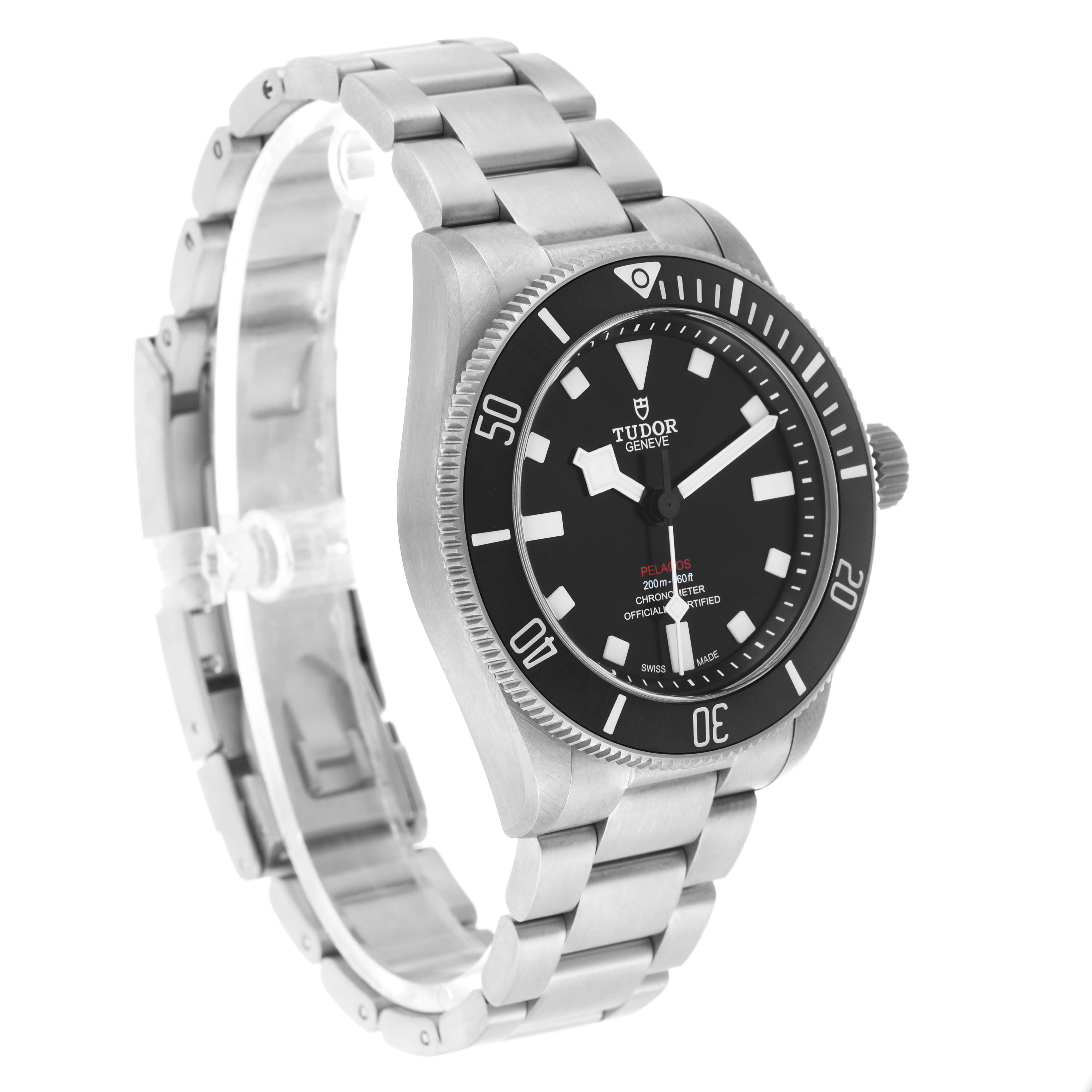 The image shows the Tudor Pelagos 25407N Men's Titanium Black Dial watch at a slight angle, highlighting the black dial, bezel, and stainless steel bracelet.