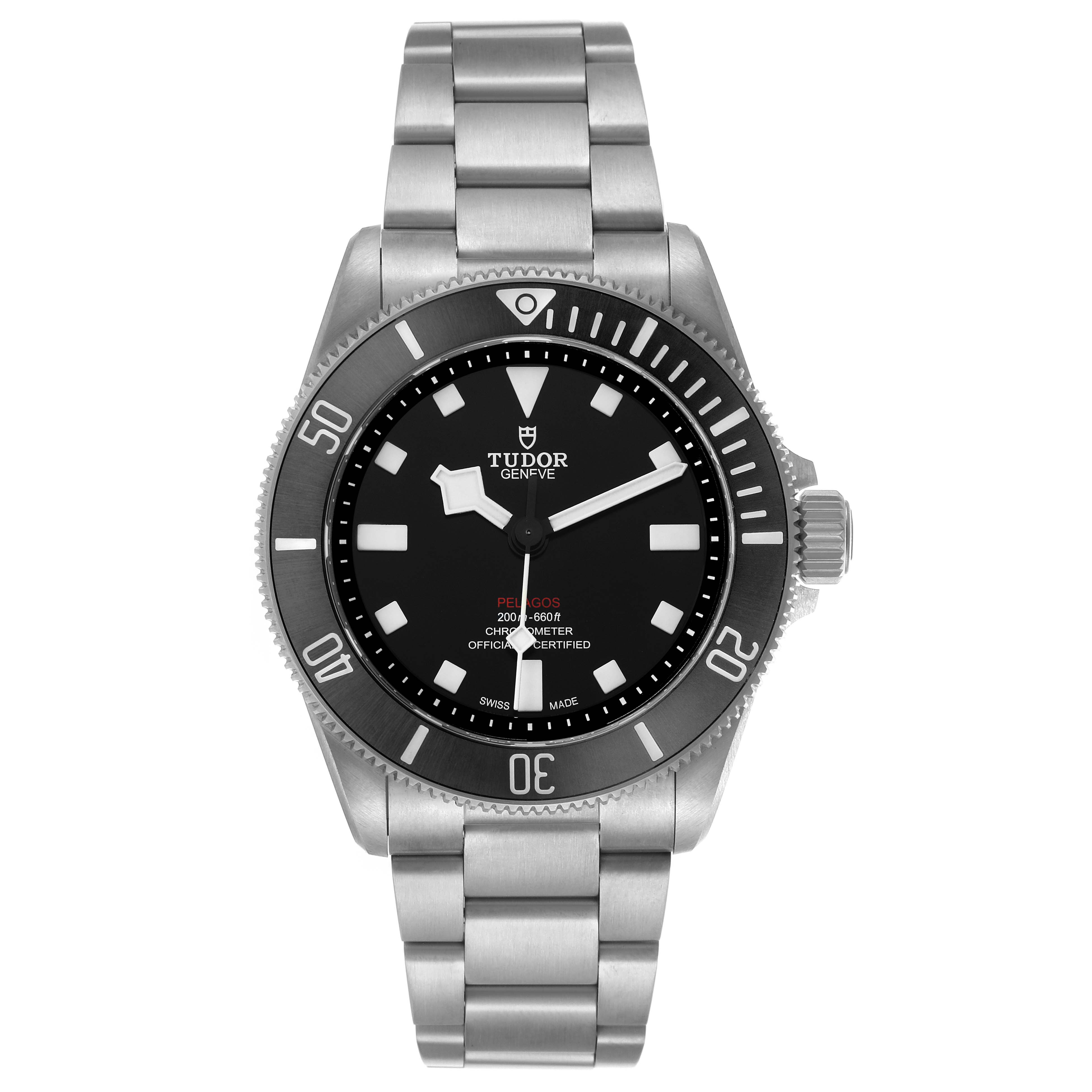 The Tudor Pelagos 25407N Men's Titanium Black Dial watch is shown from a front angle displaying the dial, bezel, case, and bracelet.