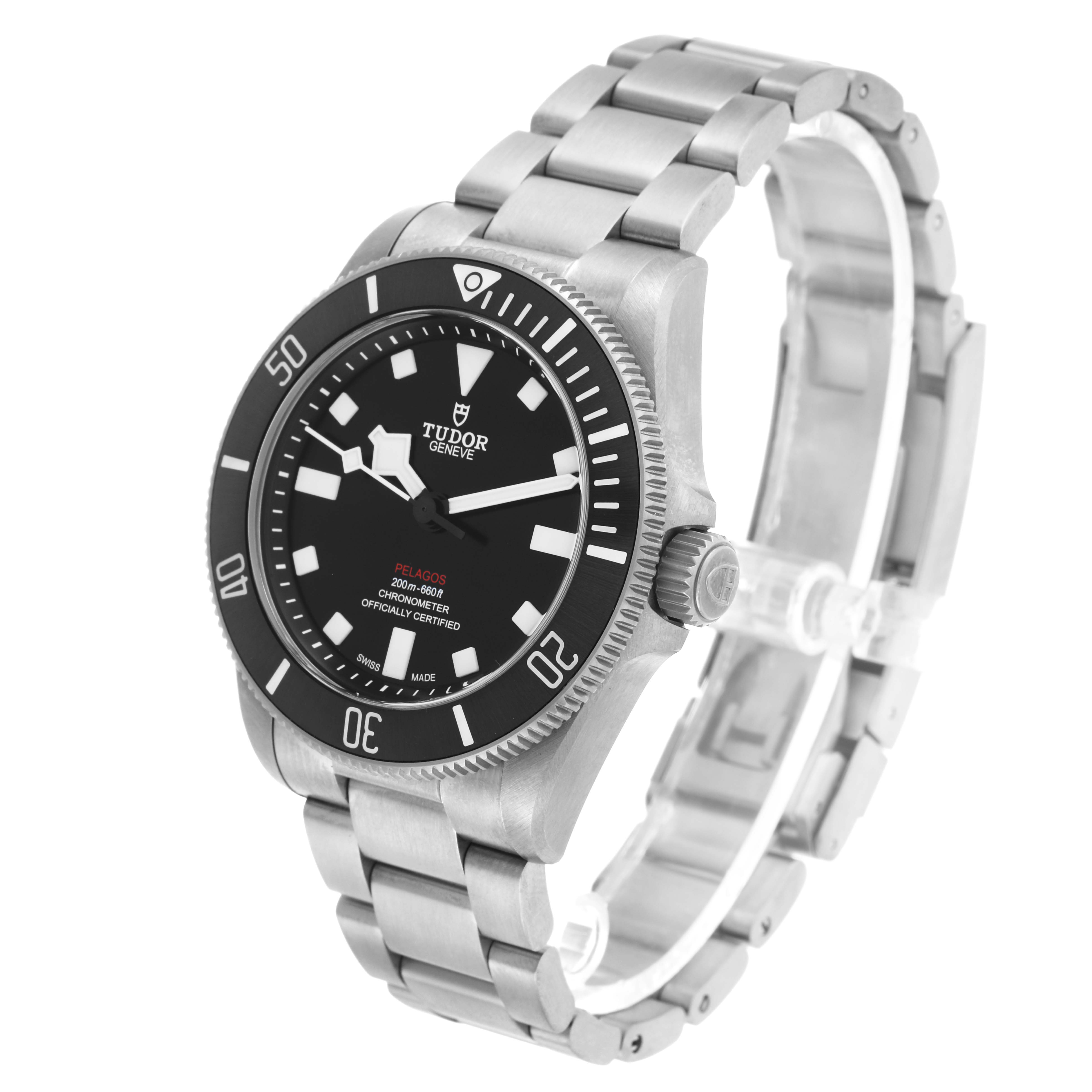 The Tudor Pelagos 25407N Men's Titanium Black Dial watch is shown at a three-quarter angle, highlighting the face, crown, bezel, and part of the bracelet.