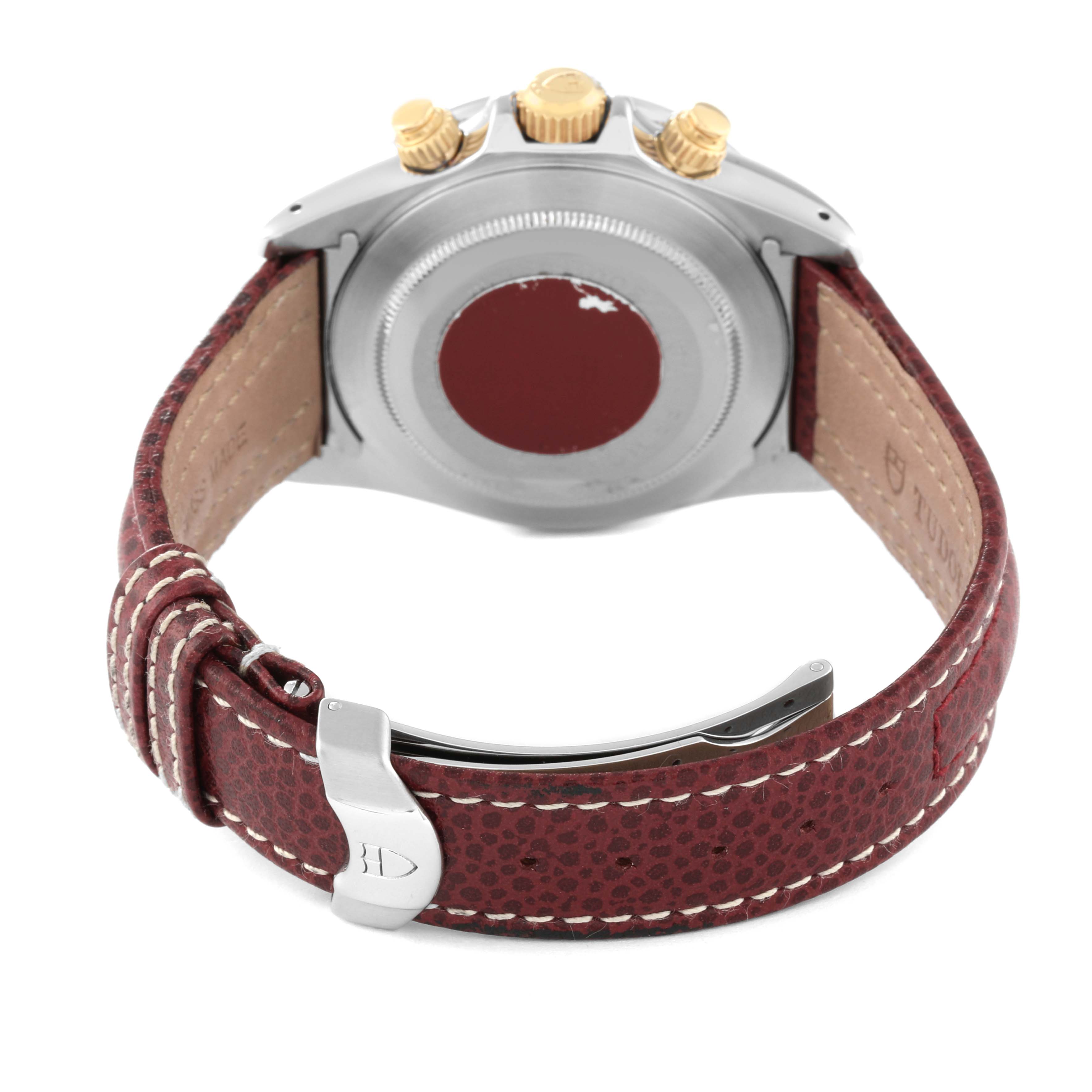 The image shows the back view of the Tudor Tiger 79263 Men's Steel and Gold (two tone) White Dial 79263 Men's Steel and Gold (two tone) White Dial model watch, highlighting the case, crown, and brown leather strap with a buckle.