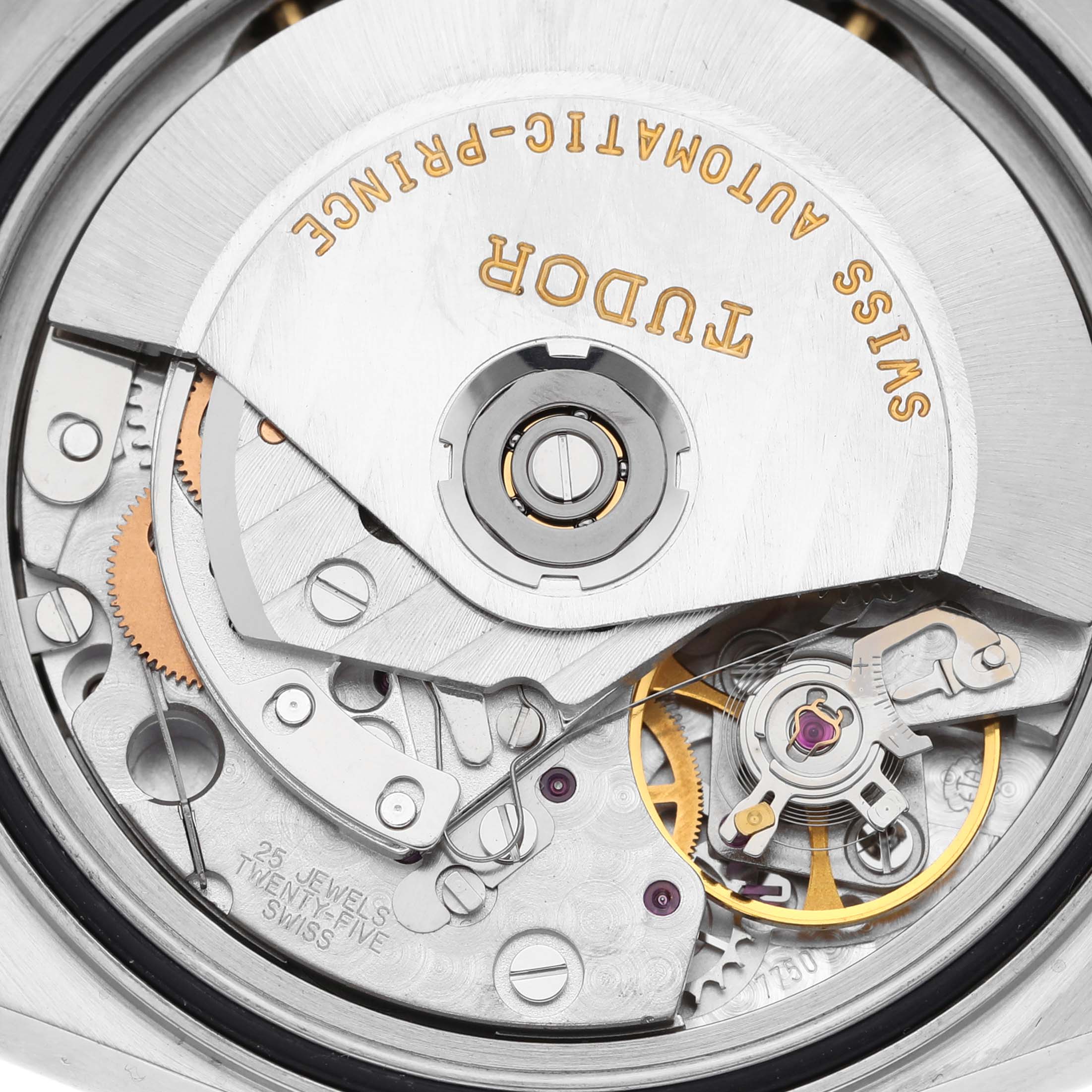 The image shows a close-up of the movement mechanism for the Tudor Tiger 79263 Men's Steel and Gold (two tone) White Dial 79263 Men's Steel and Gold (two tone) White Dial model watch from the back angle.