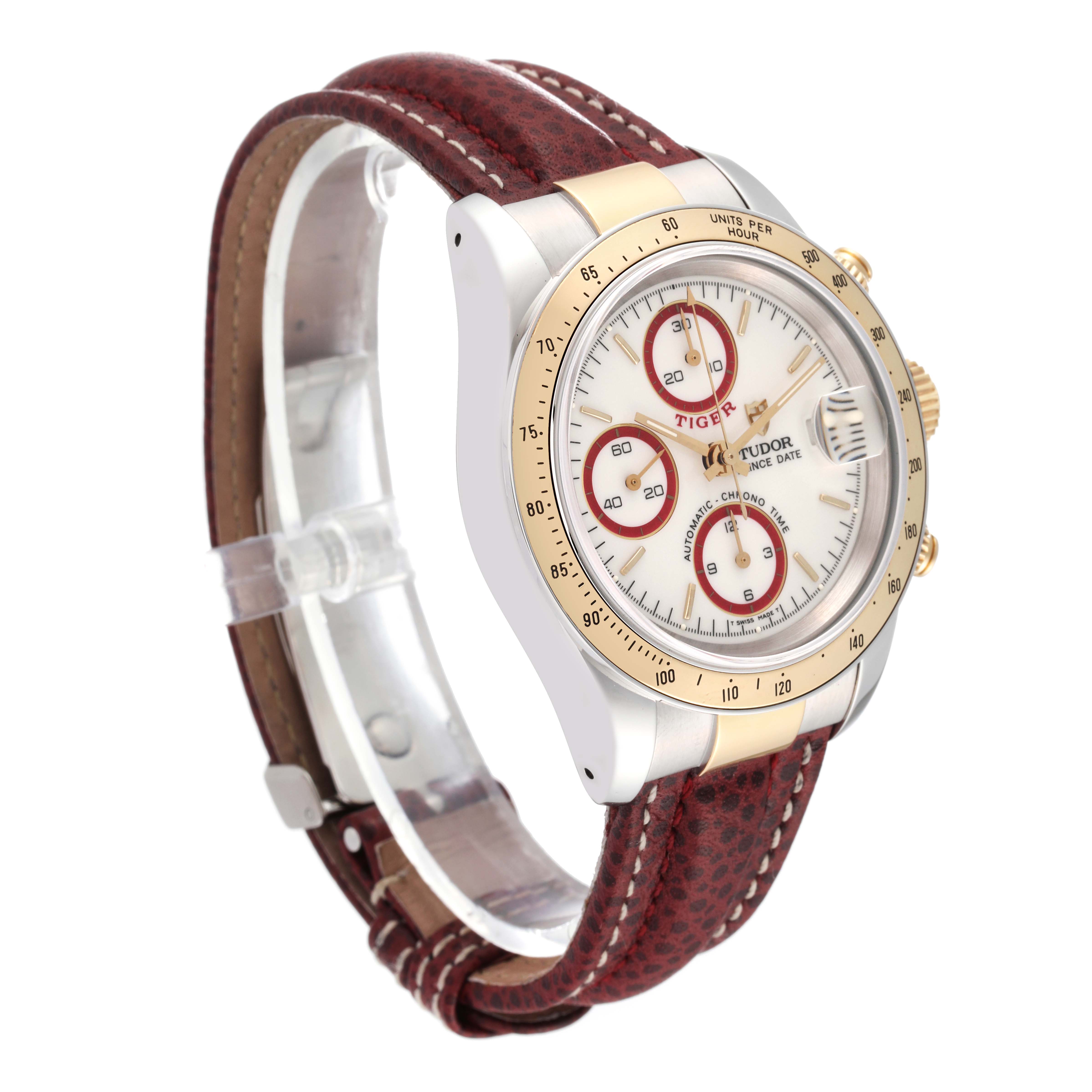 The image shows a Tudor Tiger 79263 Men's Steel and Gold (two tone) White Dial 79263 Men's Steel and Gold (two tone) White Dial model watch at a three-quarter angle, highlighting the dial, bezel, and leather strap.