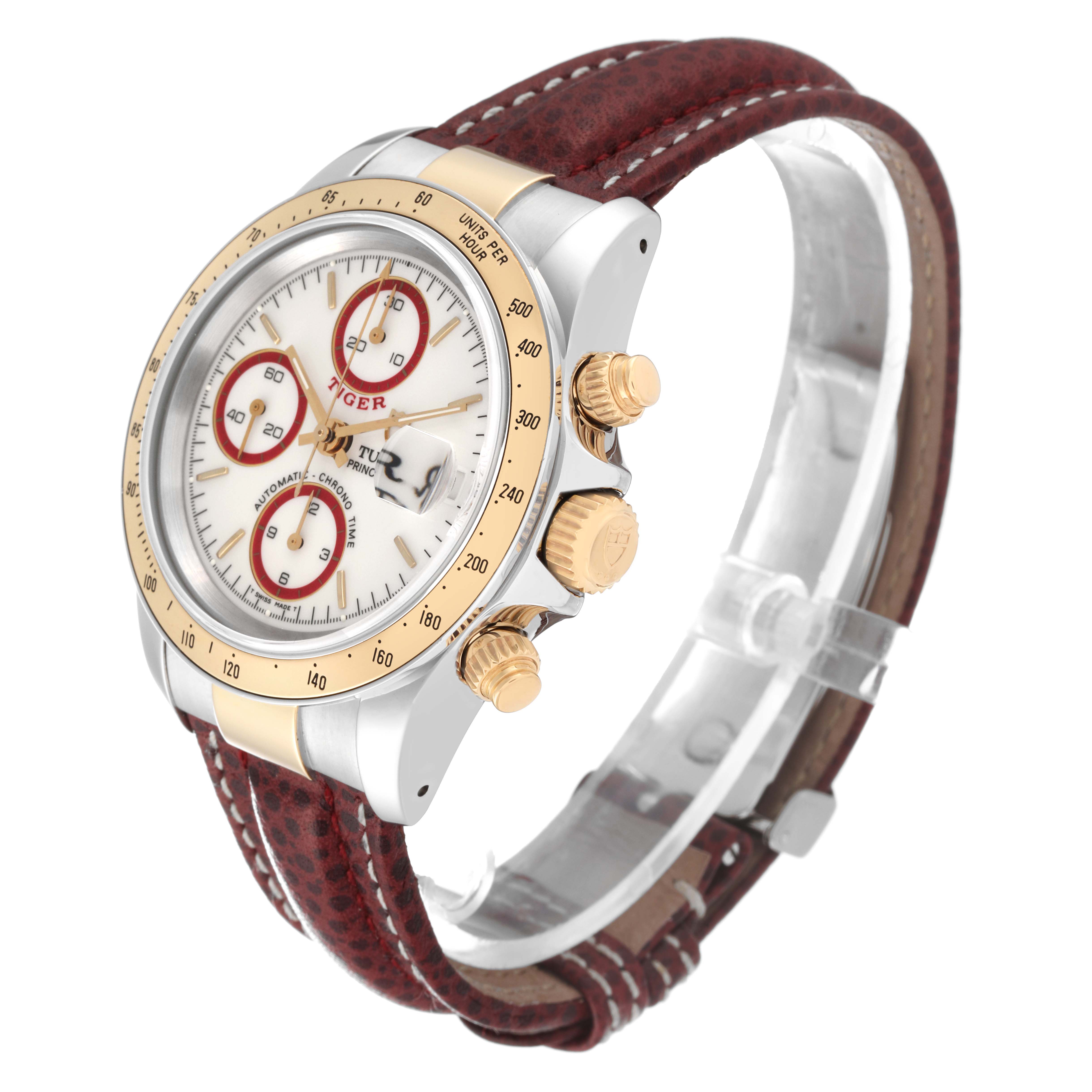 The Tudor Tiger 79263 Men's Steel and Gold (two tone) White Dial 79263 Men's Steel and Gold (two tone) White Dial model watch is shown at a three-quarter angle, highlighting its face, bezel, pushers, and leather strap.