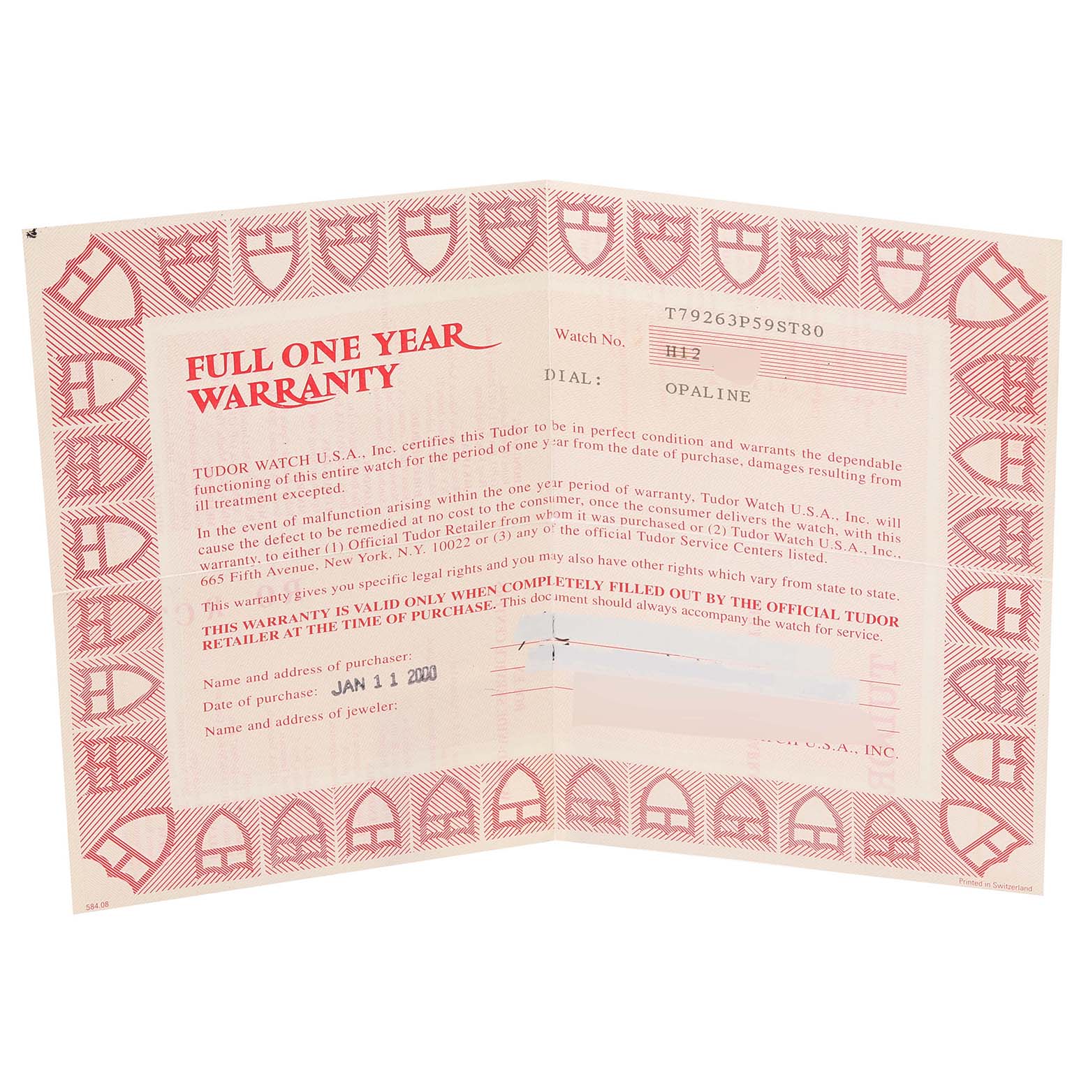 This image shows the warranty card for a Tudor Tiger 79263 Men's Steel and Gold (two tone) White Dial 79263 Men's Steel and Gold (two tone) White Dial model watch.