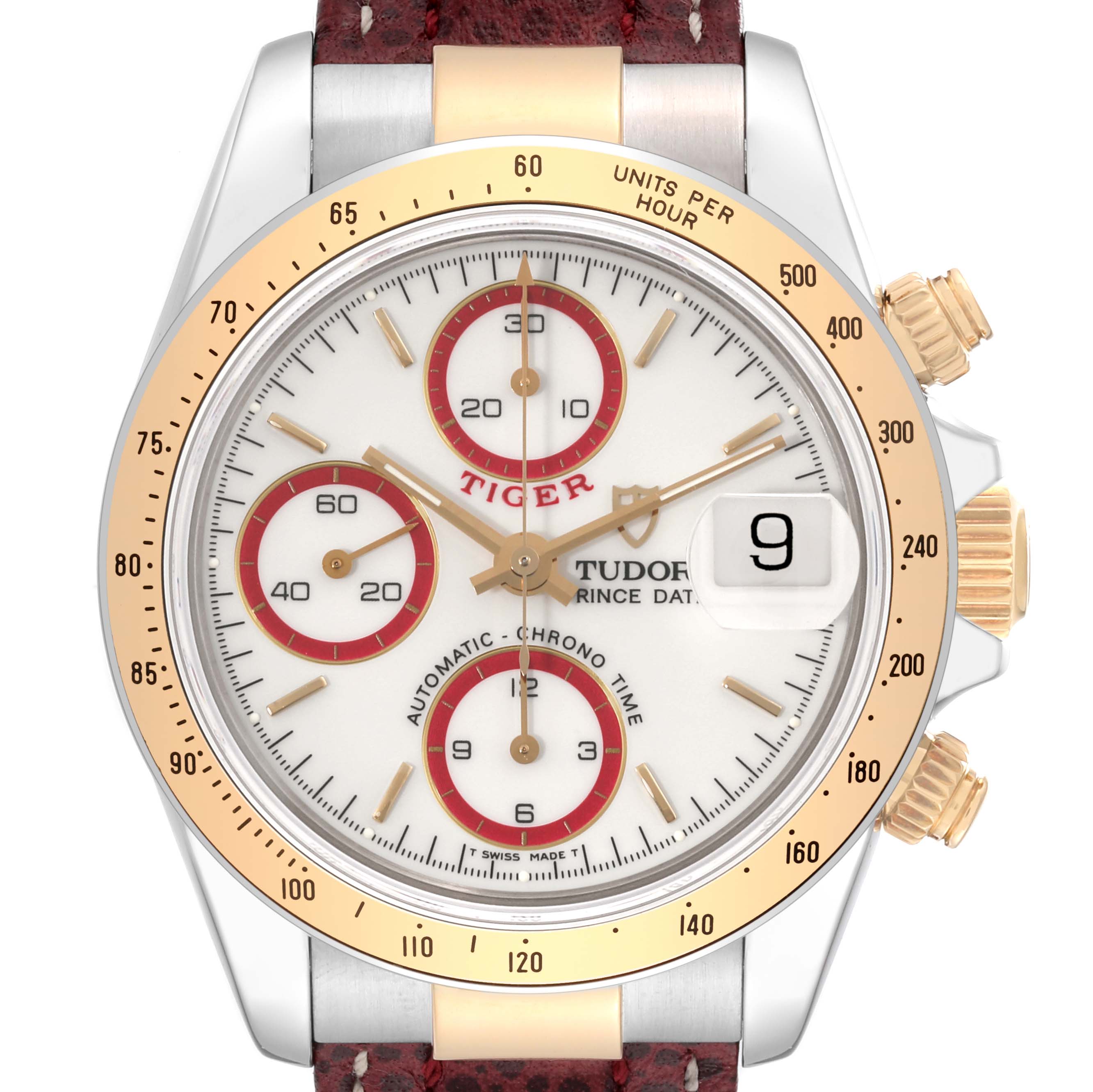 The image shows a front view of a Tudor Tiger 79263 Men's Steel and Gold (two tone) White Dial 79263 Men's Steel and Gold (two tone) White Dial model watch, highlighting its dial, sub-dials, date window, and bezel.