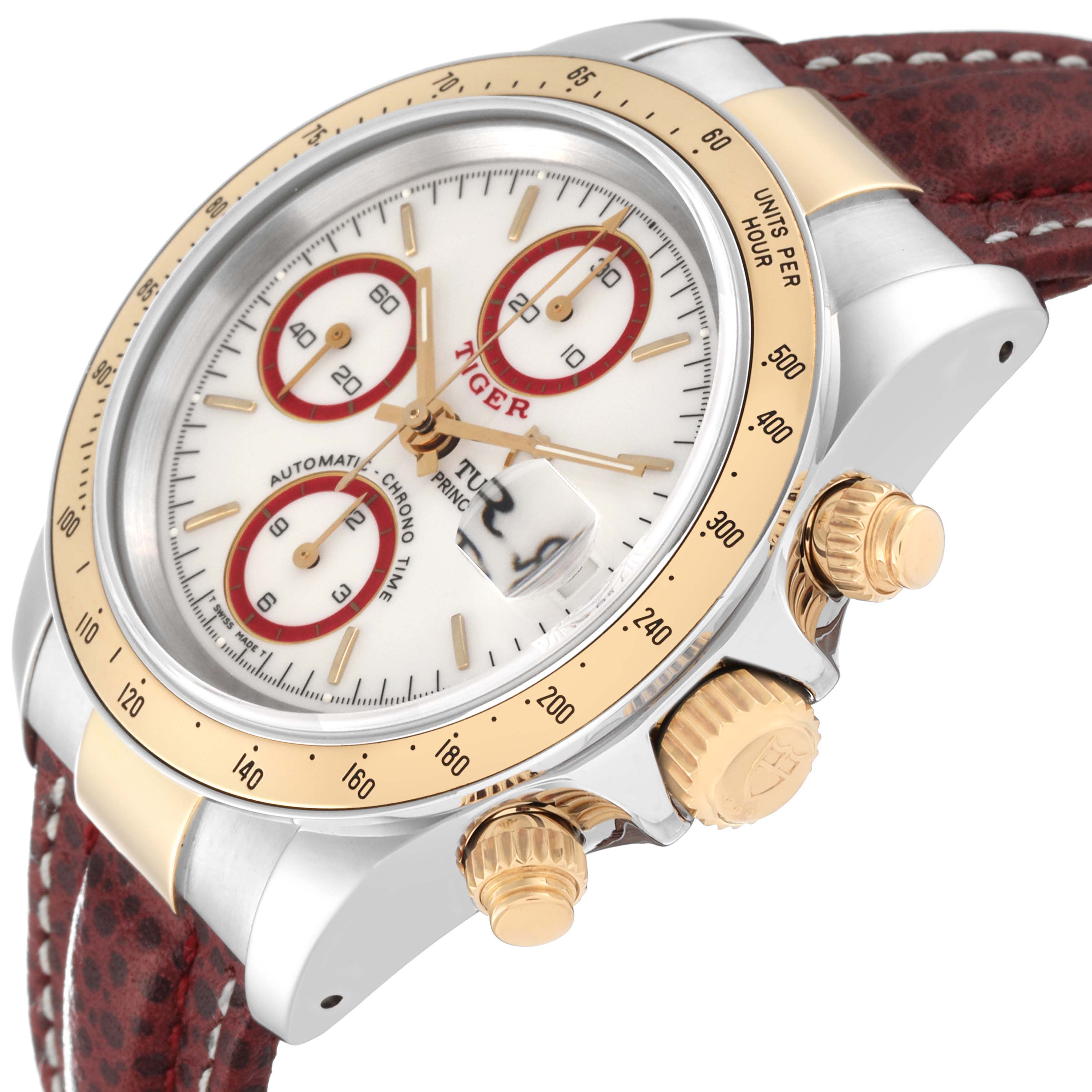 The image shows a Tudor Tiger 79263 Men's Steel and Gold (two tone) White Dial 79263 Men's Steel and Gold (two tone) White Dial model watch at an oblique angle, highlighting the dial, bezel, crown, pushers, and leather strap.
