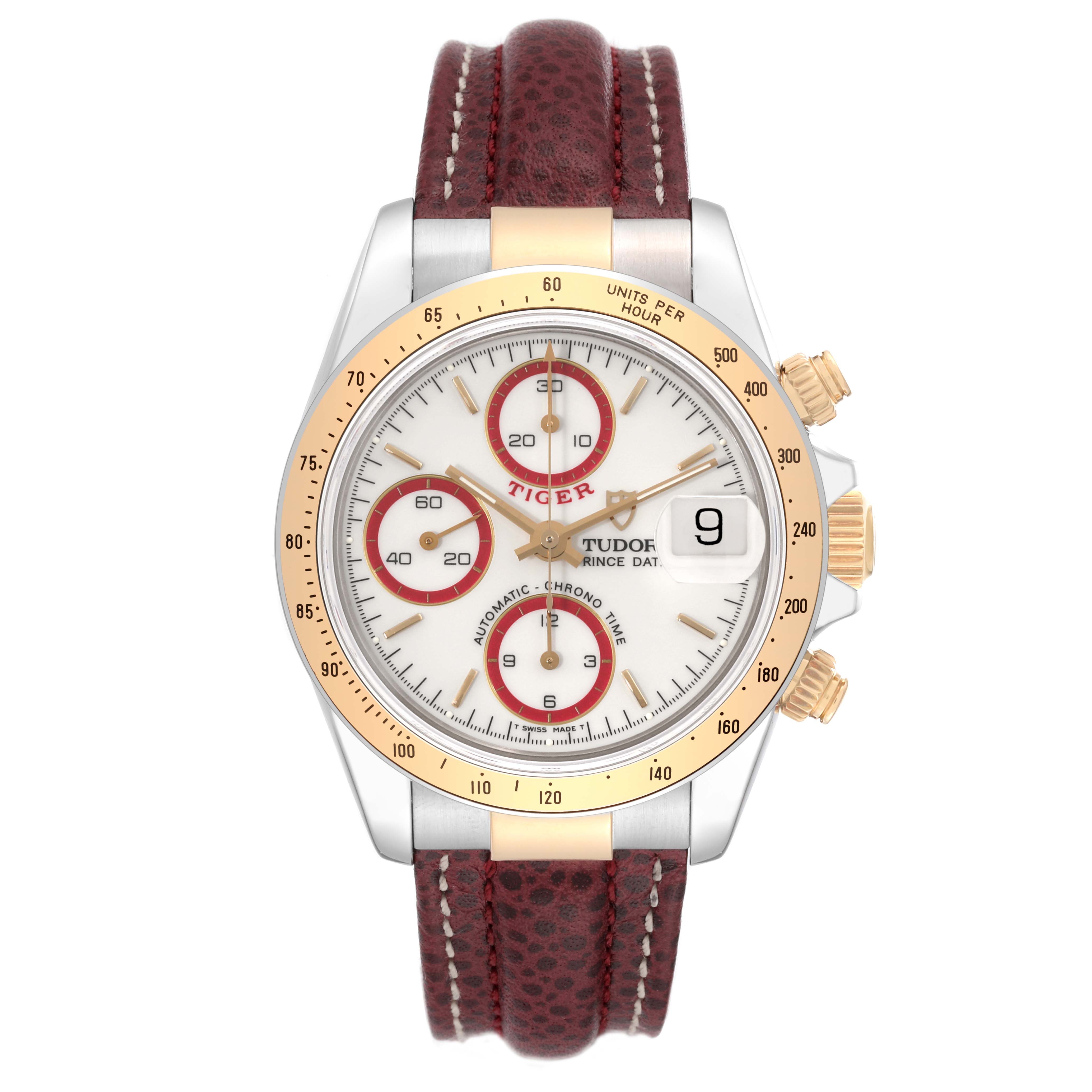 The Tudor Tiger 79263 Men's Steel and Gold (two tone) White Dial 79263 Men's Steel and Gold (two tone) White Dial model watch is shown from a front angle, highlighting its dial, bezel, crown, pushers, and leather strap.