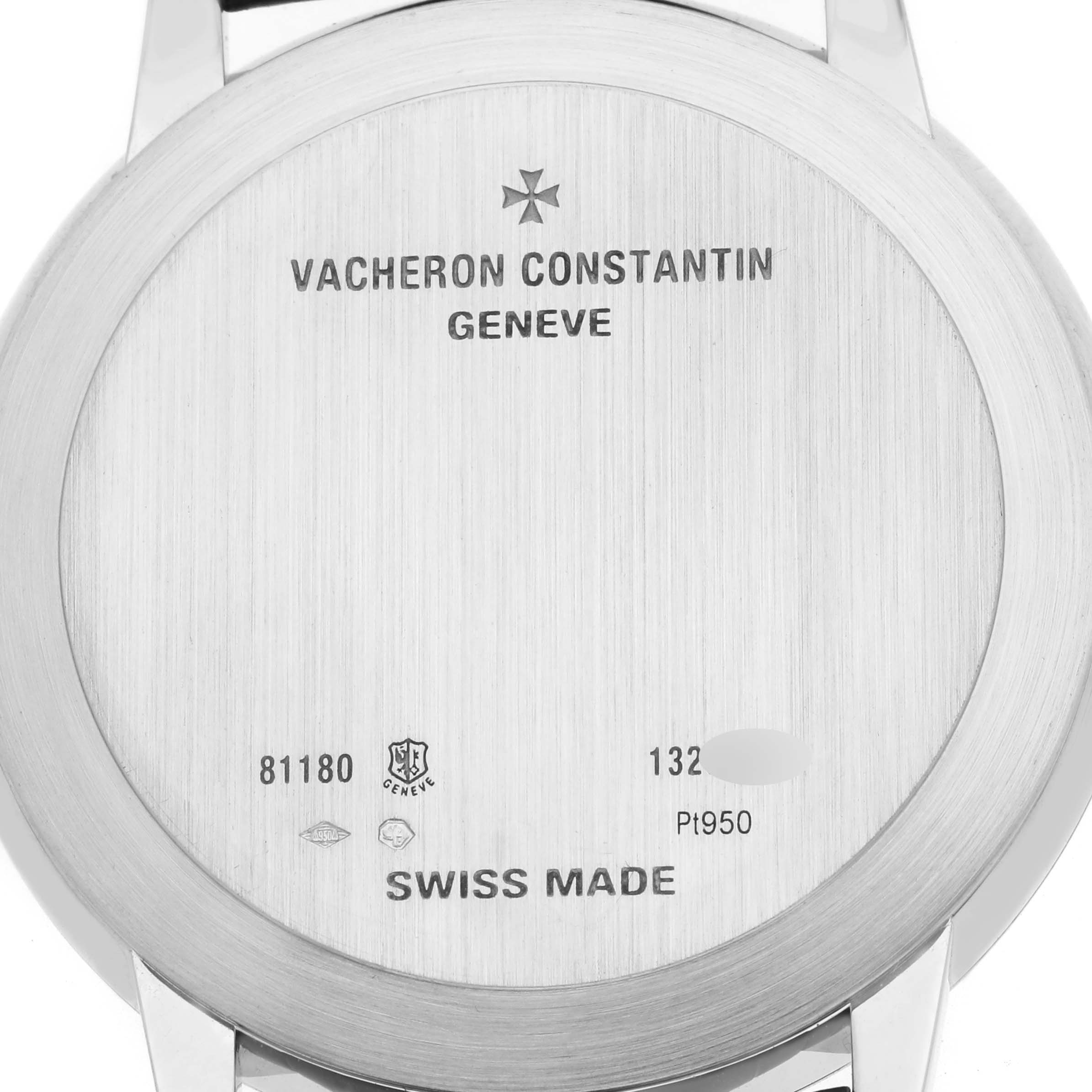 The image shows the back case of a Vacheron Constantin Patrimony 81180/000P-9539 Men's Platinum Grey Dial watch, highlighting the brand and model details.