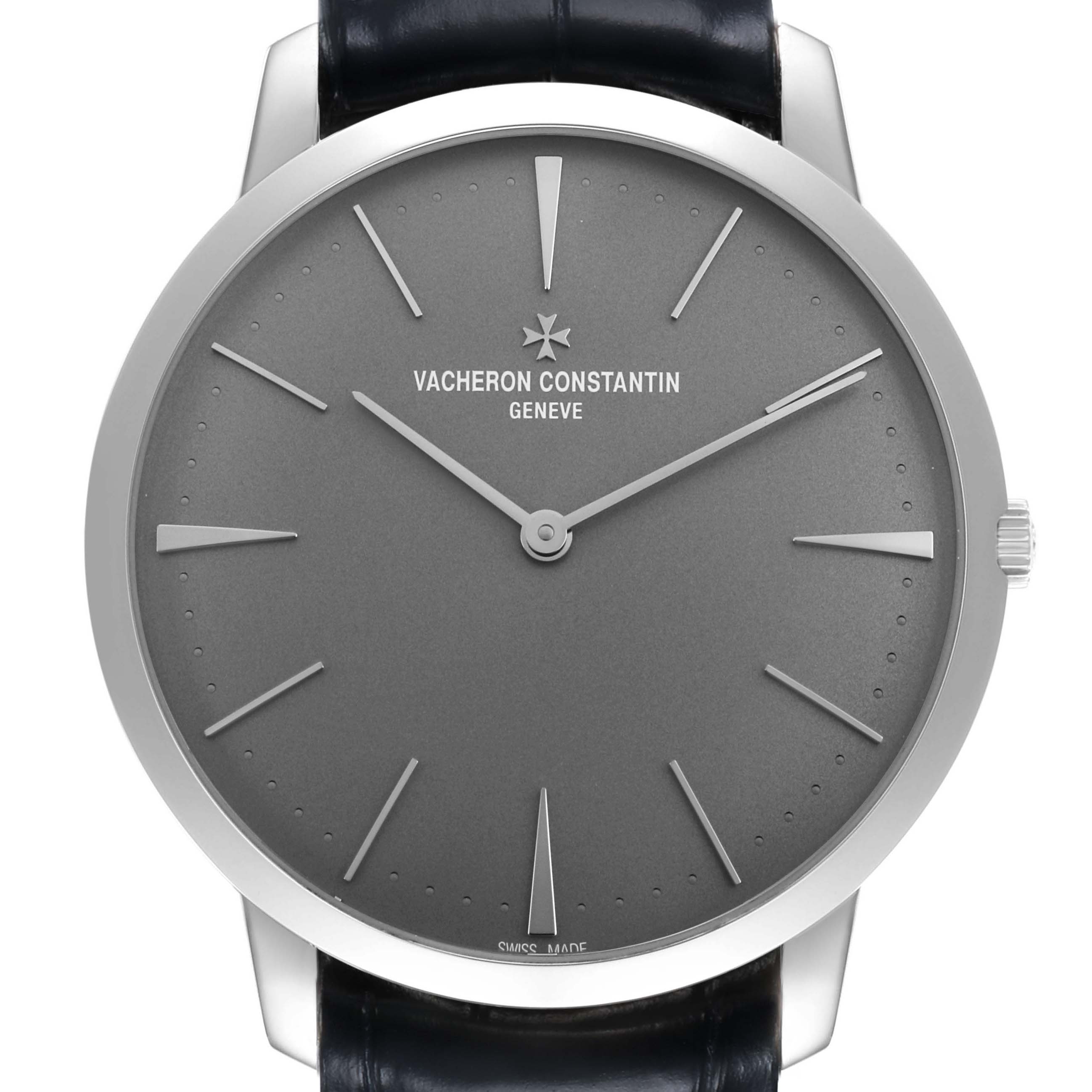 The Vacheron Constantin Patrimony 81180/000P-9539 Men's Platinum Grey Dial watch is shown from the front, displaying the dial, hands, and part of the strap.
