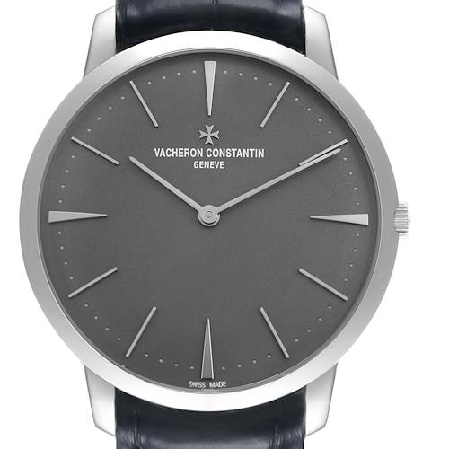 The Vacheron Constantin Patrimony 81180/000P-9539 Men's Platinum Grey Dial watch is shown from a front angle, displaying the dial, hands, bezel, and part of the strap.
